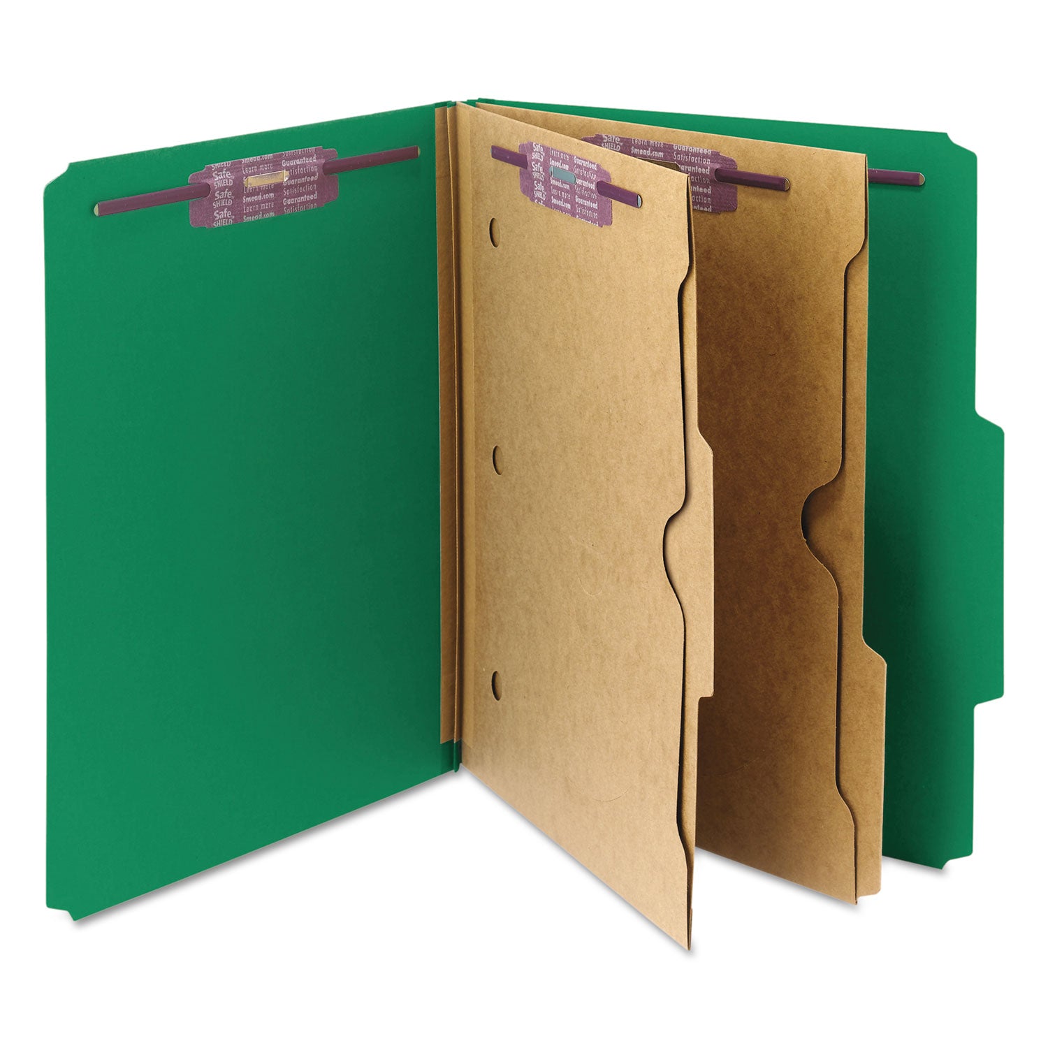 6-Section Pressboard Top Tab Pocket Classification Folders, 6 SafeSHIELD Fasteners, 2 Dividers, Letter Size, Green, 10/Box - 