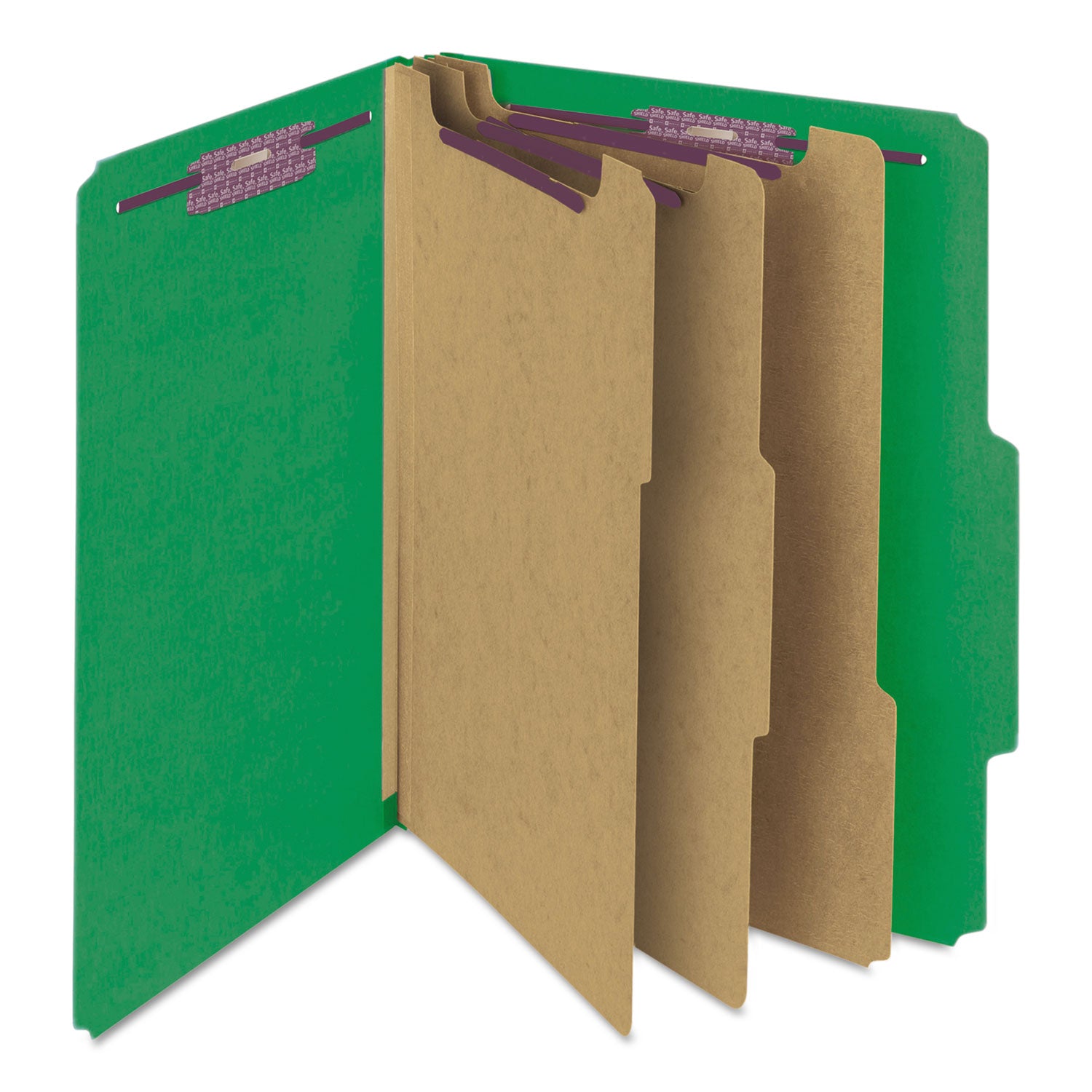 Eight-Section Pressboard Top Tab Classification Folders, Eight SafeSHIELD Fasteners, 3 Dividers, Letter Size, Green, 10/Box - 