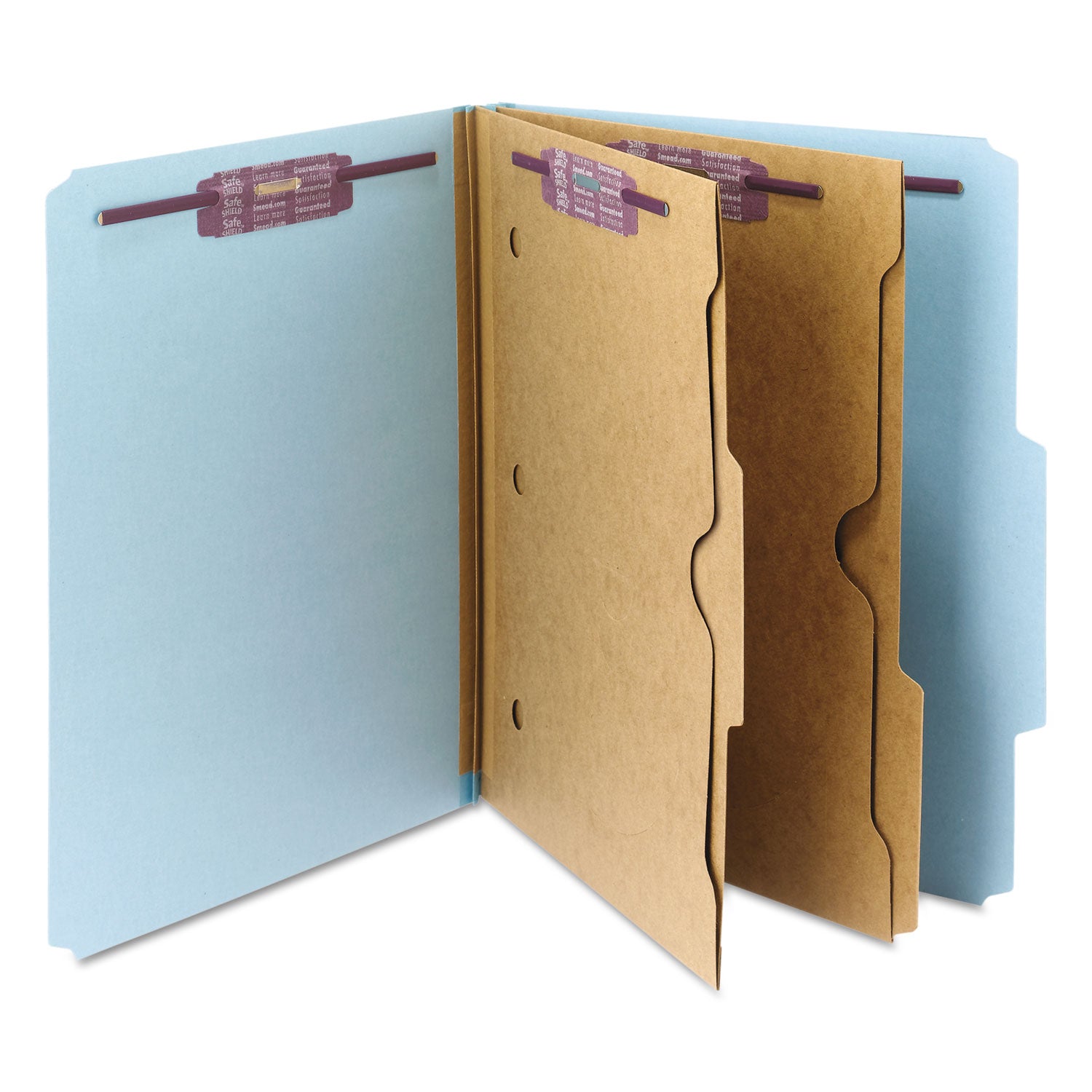 6-Section Pressboard Top Tab Pocket Classification Folders, 6 SafeSHIELD Fasteners, 2 Dividers, Letter Size, Blue, 10/Box - 
