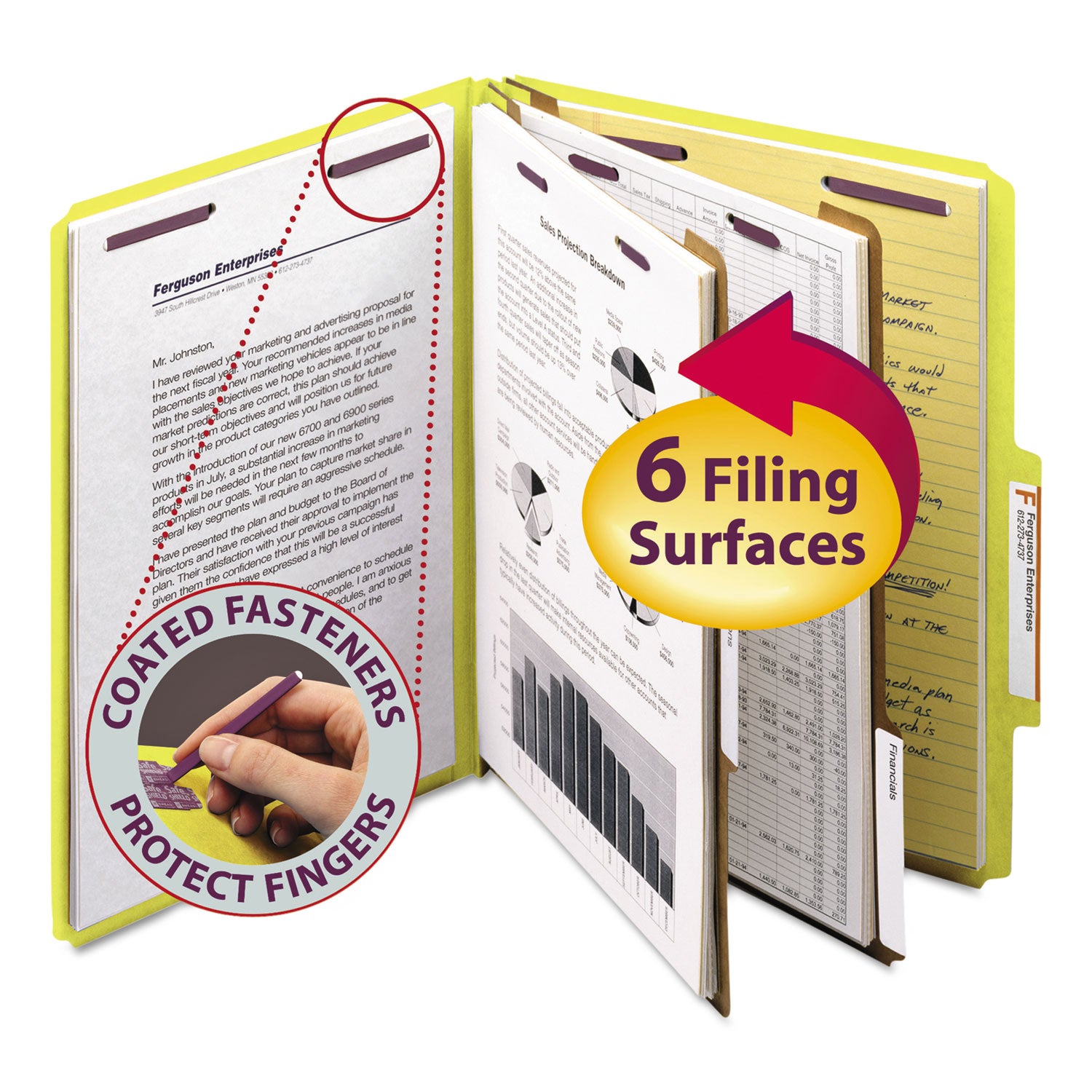 Six-Section Pressboard Top Tab Classification Folders, Six SafeSHIELD Fasteners, 2 Dividers, Letter Size, Yellow, 10/Box - 