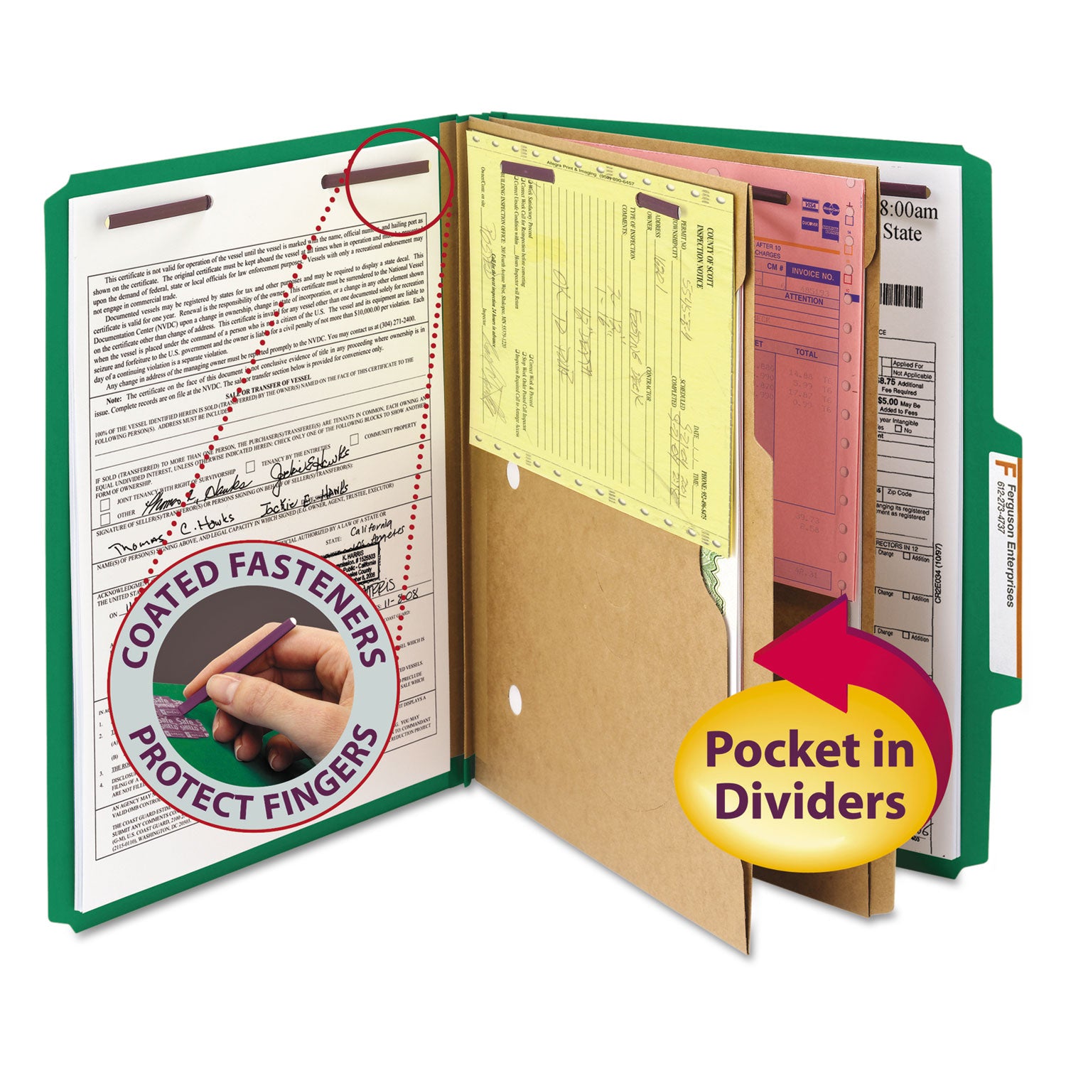 6-Section Pressboard Top Tab Pocket Classification Folders, 6 SafeSHIELD Fasteners, 2 Dividers, Letter Size, Green, 10/Box - 