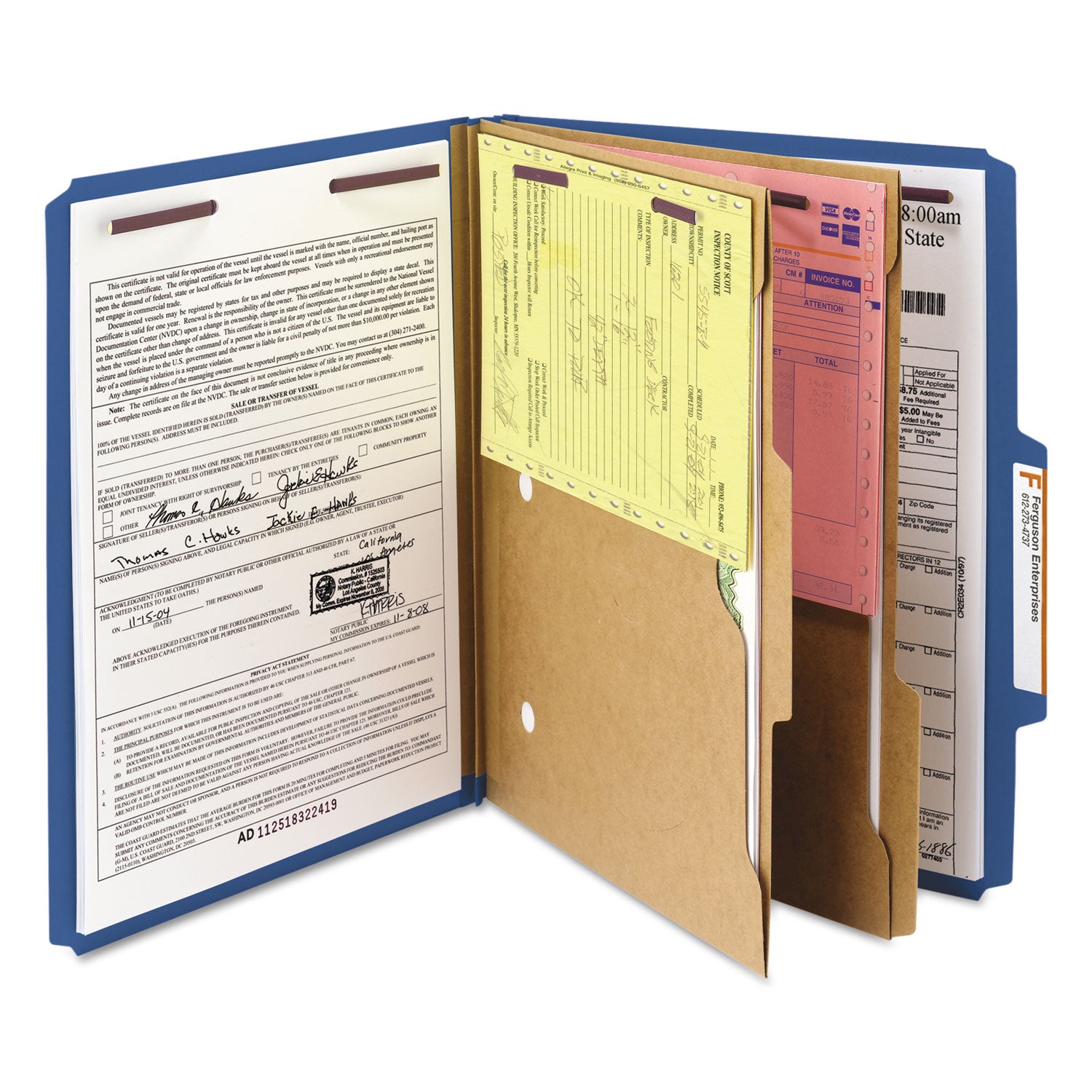 6-Section Pressboard Top Tab Pocket Classification Folders, 6 SafeSHIELD Fasteners, 2 Dividers, Letter Size, Dark Blue, 10/BX - 