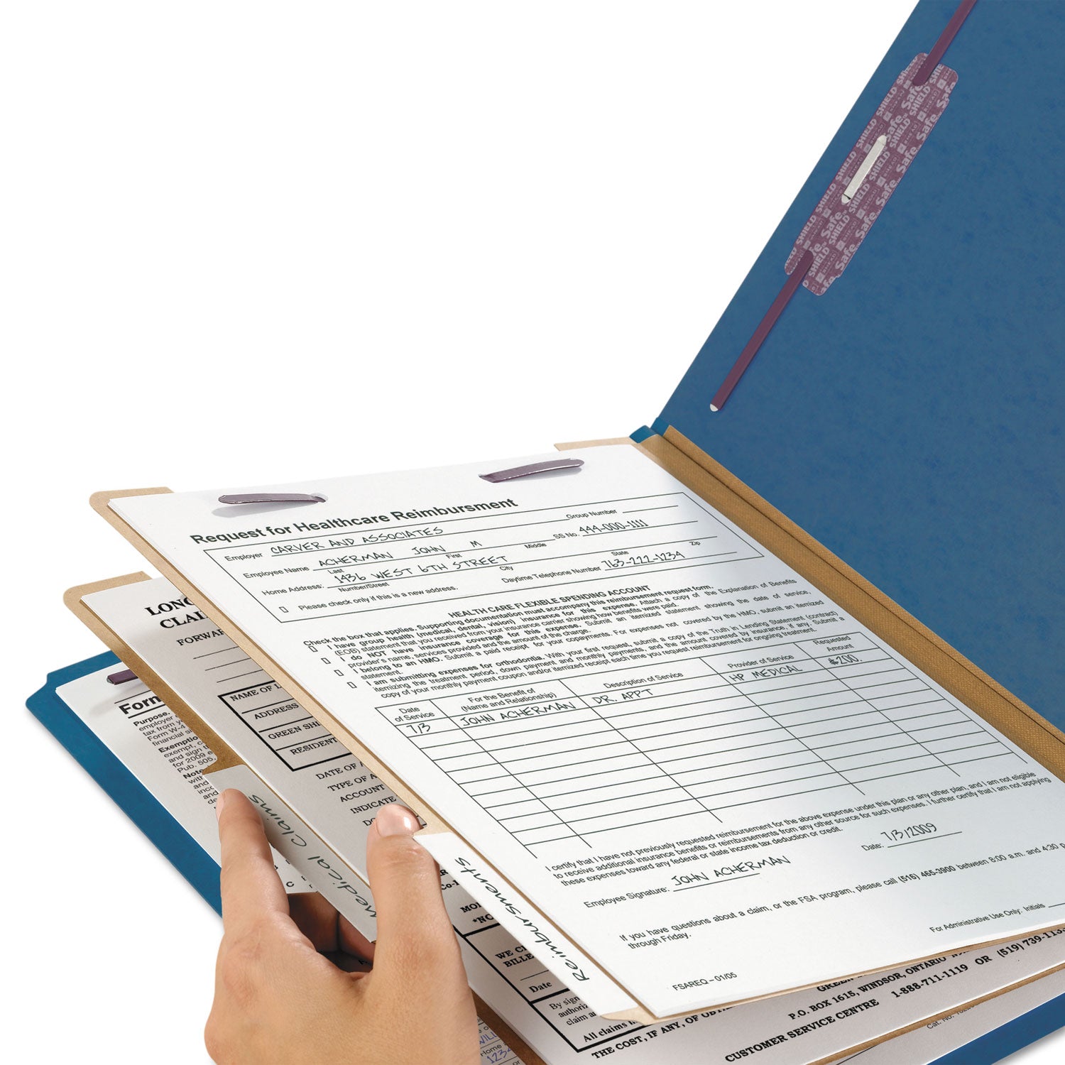 Six-Section Pressboard Top Tab Classification Folders, Six SafeSHIELD Fasteners, 2 Dividers, Letter Size, Dark Blue, 10/Box - 