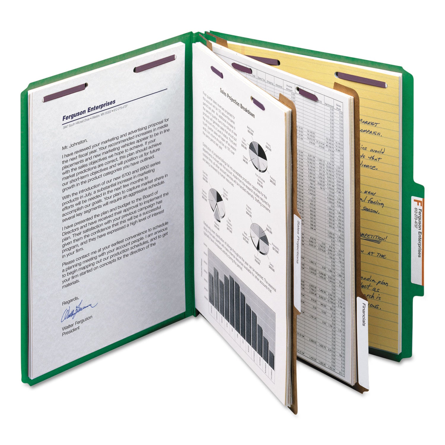 Six-Section Pressboard Top Tab Classification Folders, Six SafeSHIELD Fasteners, 2 Dividers, Letter Size, Green, 10/Box - 