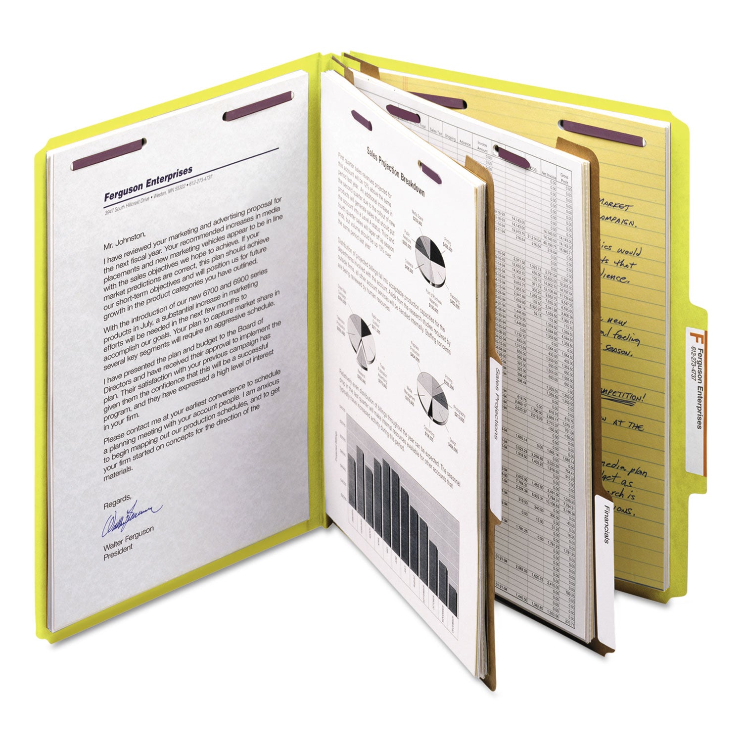 Six-Section Pressboard Top Tab Classification Folders, Six SafeSHIELD Fasteners, 2 Dividers, Letter Size, Yellow, 10/Box - 