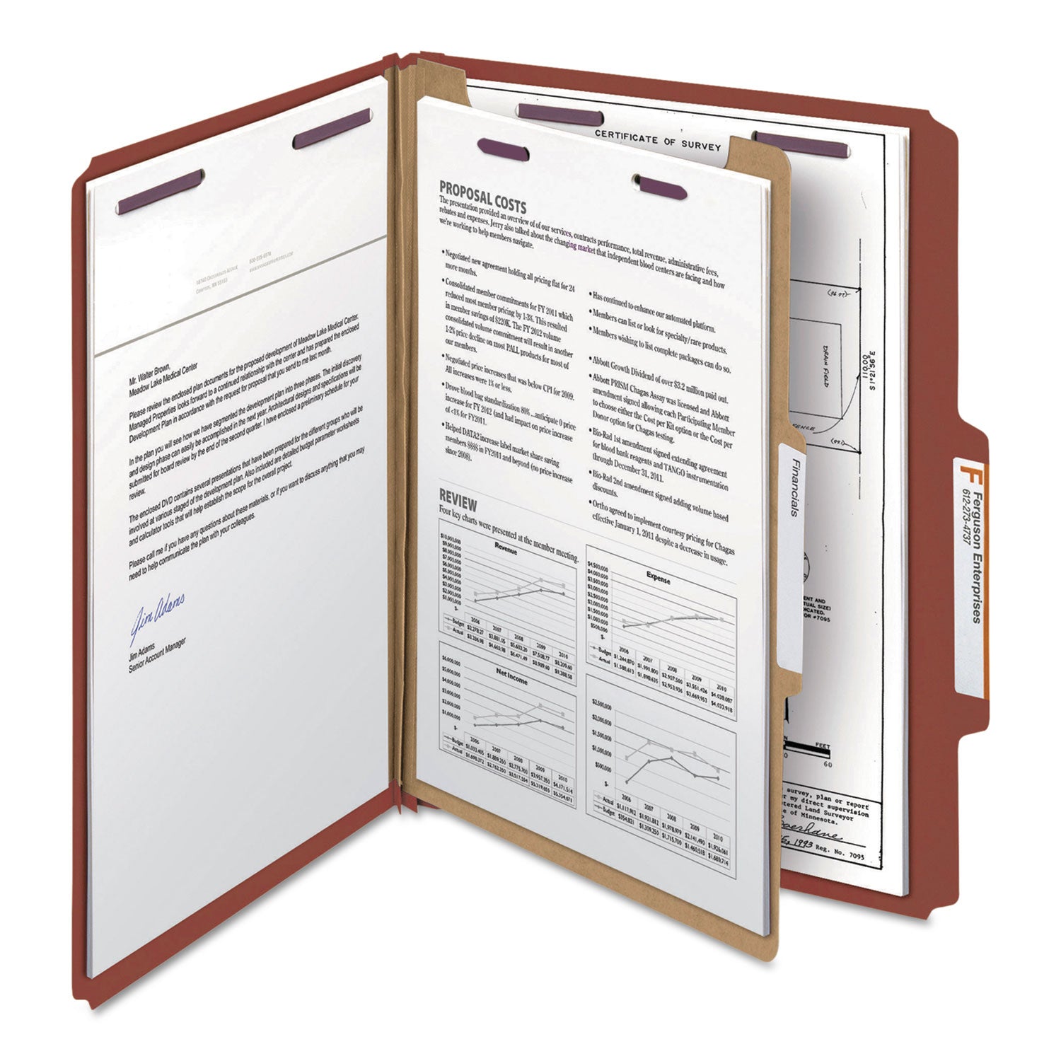 Pressboard Classification Folders, Four SafeSHIELD Fasteners, 2/5-Cut Tabs, 1 Divider, Letter Size, Red, 10/Box - 