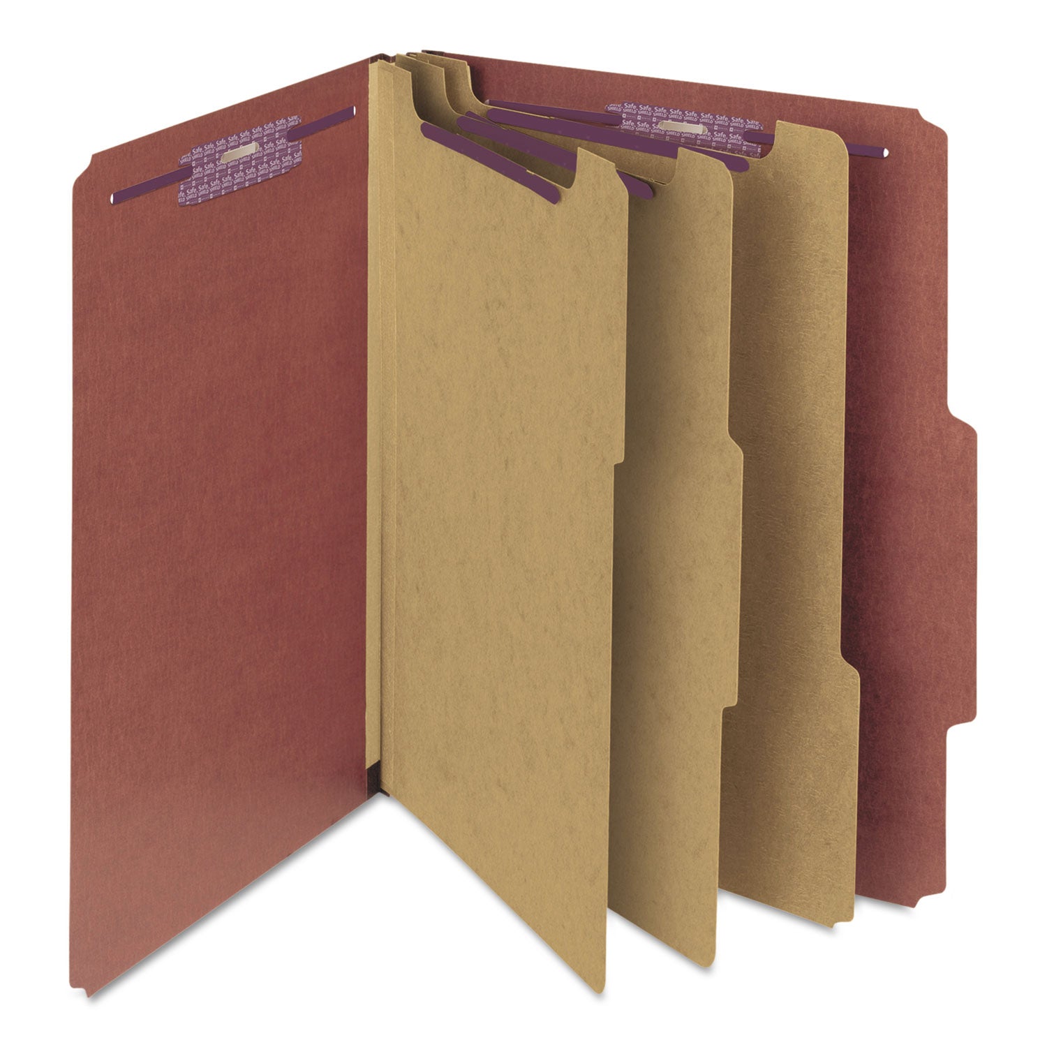 Pressboard Classification Folders, Eight SafeSHIELD Fasteners, 2/5-Cut Tabs, 3 Dividers, Letter Size, Red, 10/Box - 