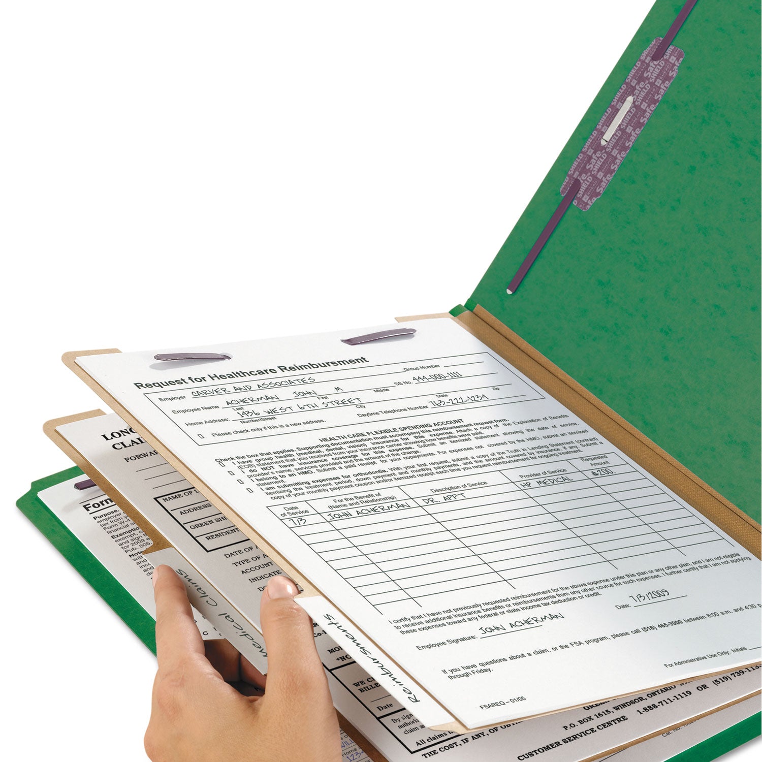 Six-Section Pressboard Top Tab Classification Folders, Six SafeSHIELD Fasteners, 2 Dividers, Letter Size, Green, 10/Box - 