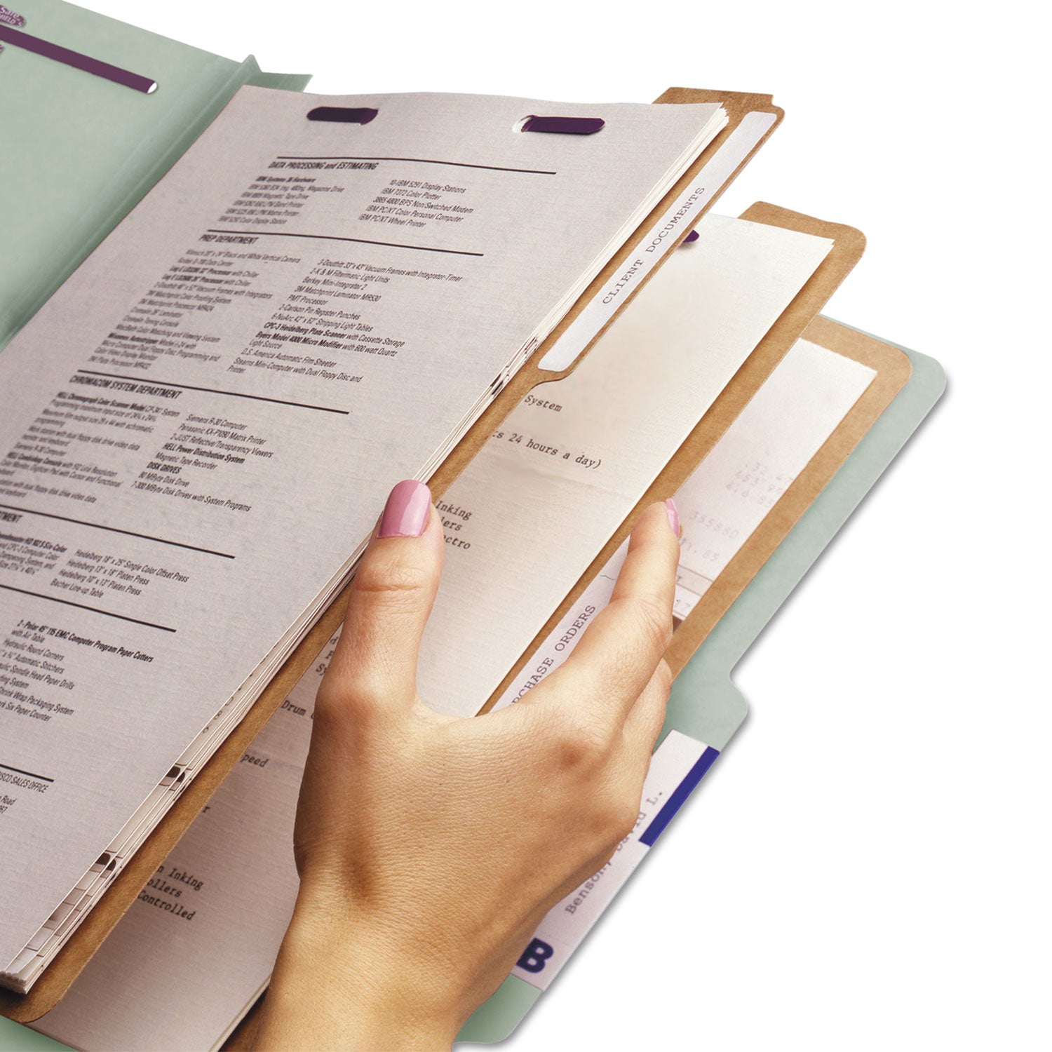 Pressboard Classification Folders, Eight SafeSHIELD Fasteners, 2/5-Cut Tabs, 3 Dividers, Letter Size, Gray-Green, 10/Box - 