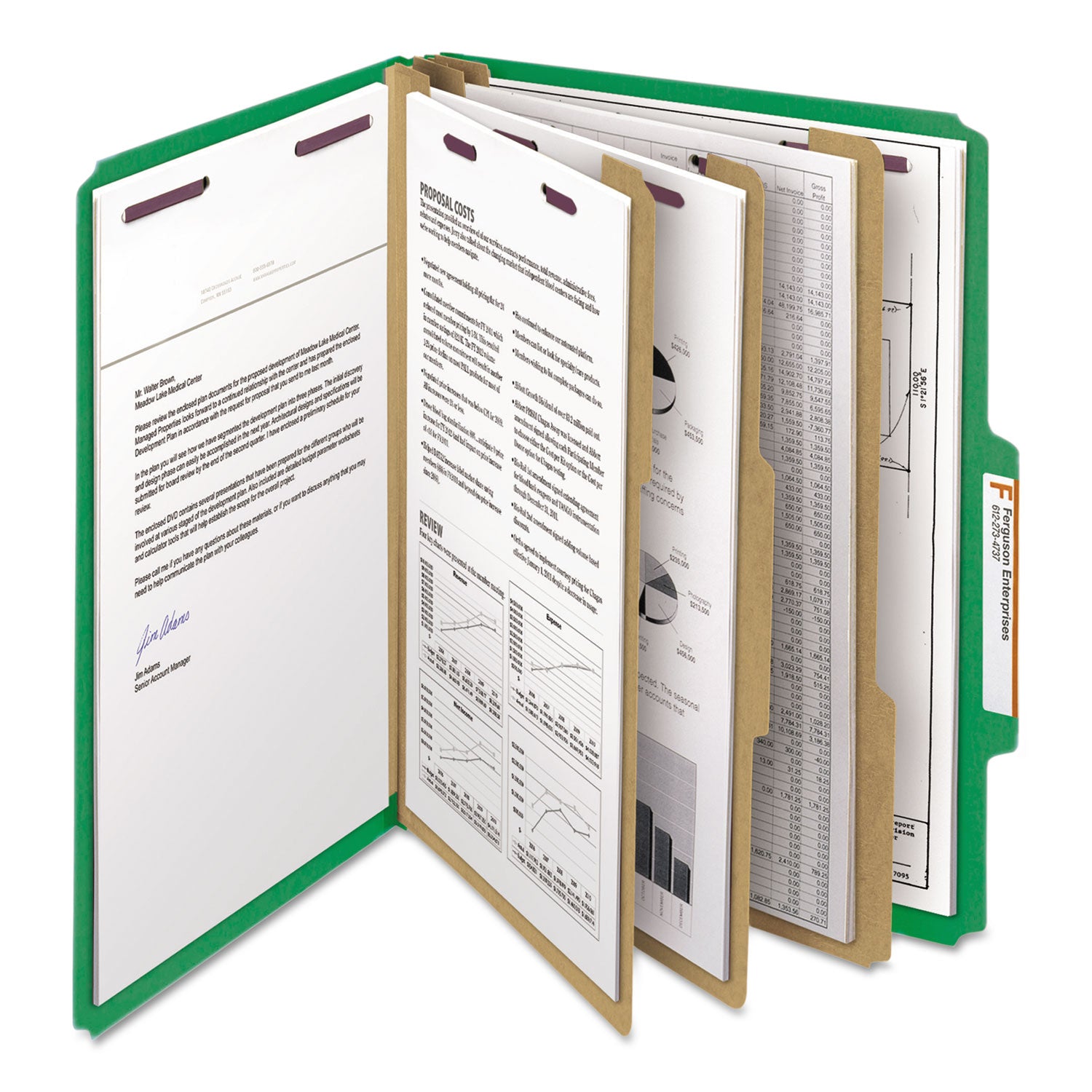 Eight-Section Pressboard Top Tab Classification Folders, Eight SafeSHIELD Fasteners, 3 Dividers, Letter Size, Green, 10/Box
