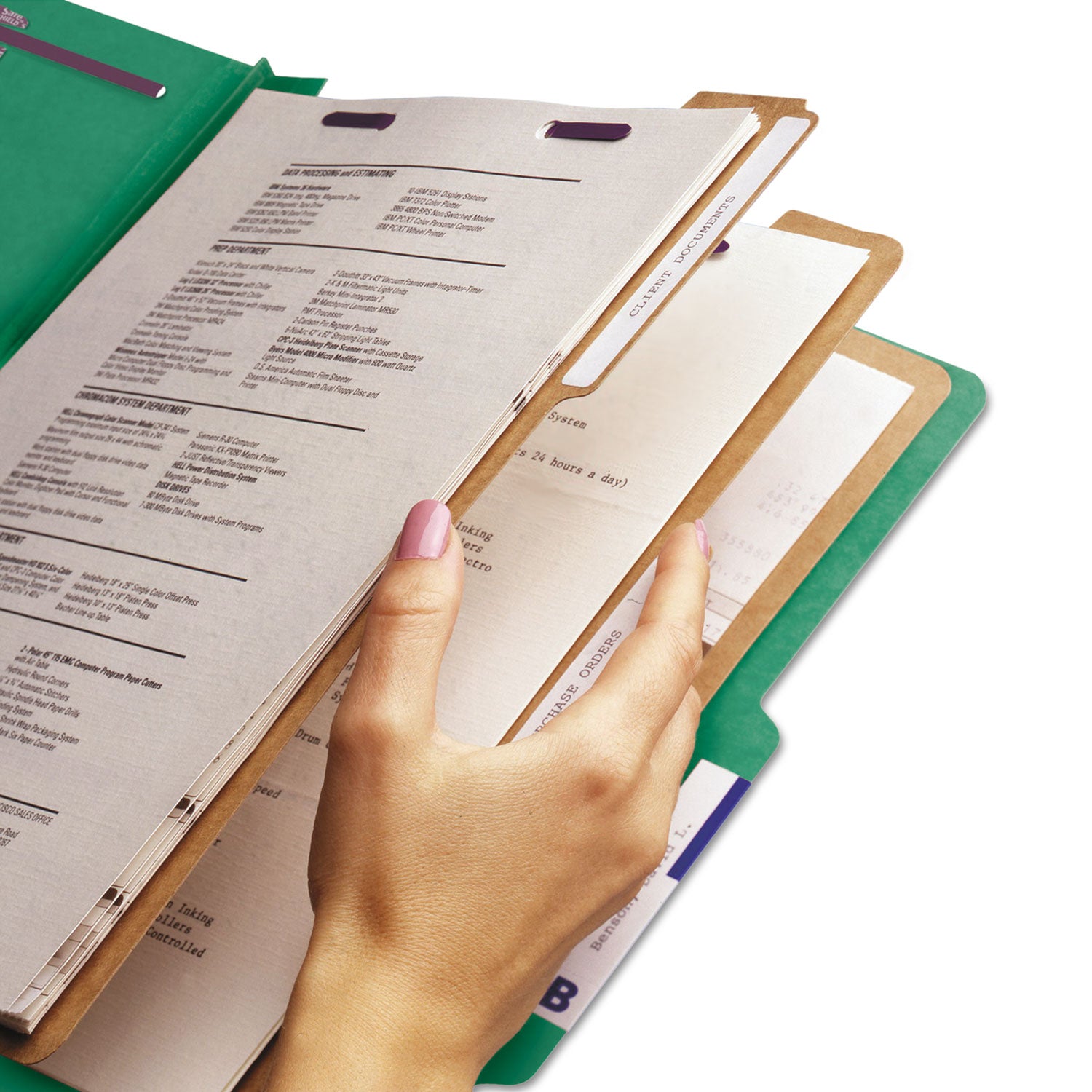 Eight-Section Pressboard Top Tab Classification Folders, Eight SafeSHIELD Fasteners, 3 Dividers, Letter Size, Green, 10/Box