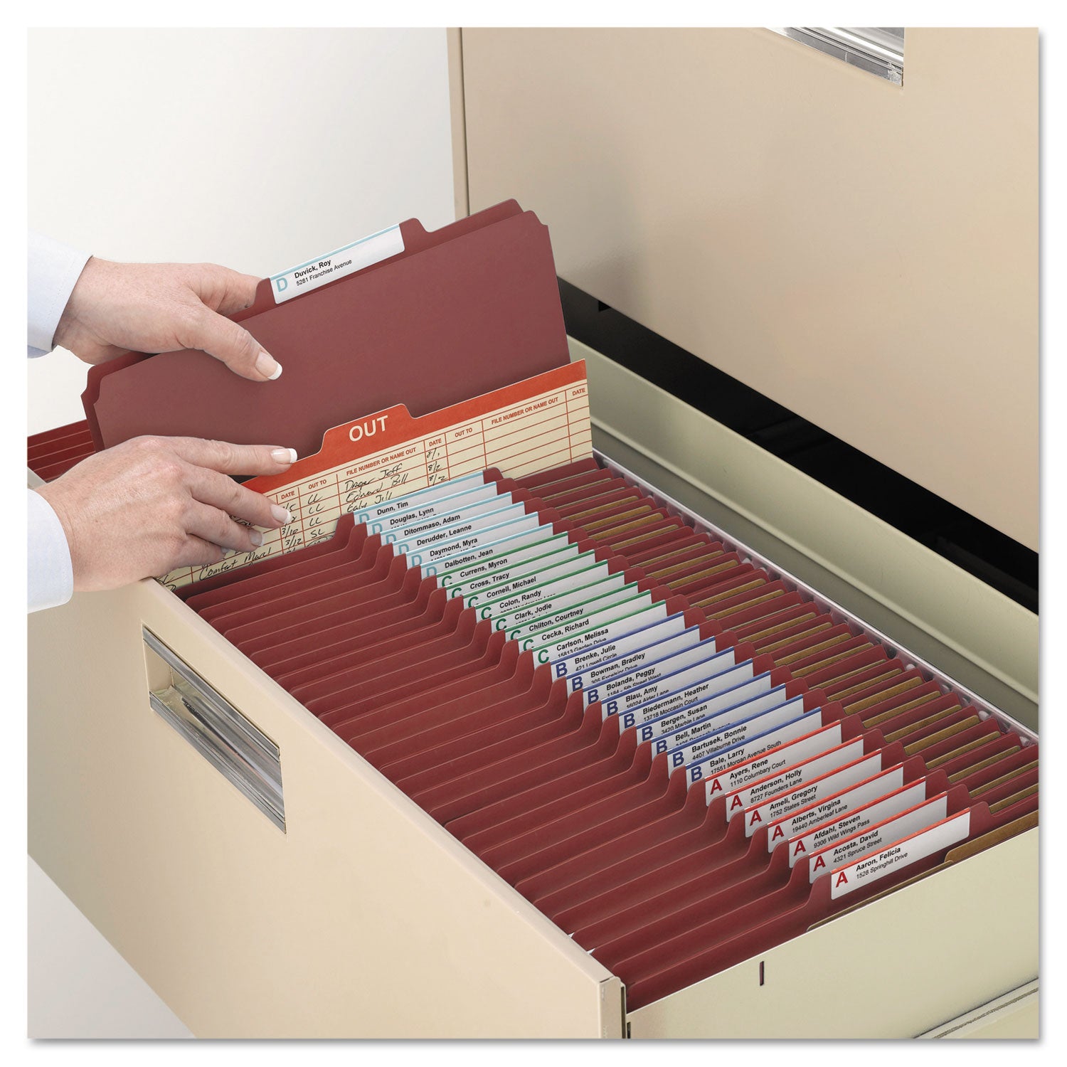 Pressboard Classification Folders, Eight SafeSHIELD Fasteners, 2/5-Cut Tabs, 3 Dividers, Letter Size, Red, 10/Box - 