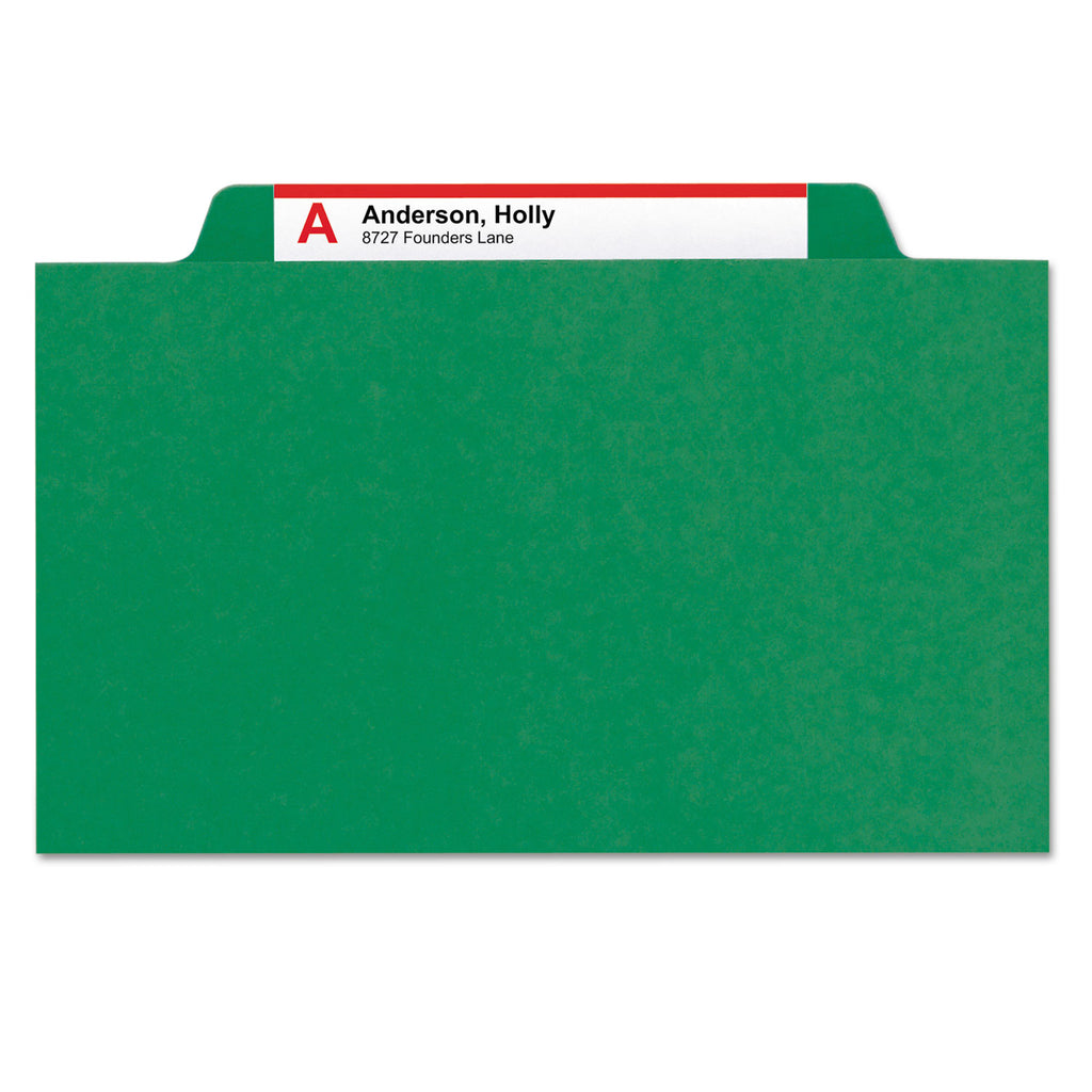 6-Section Pressboard Top Tab Pocket Classification Folders, 6 SafeSHIELD Fasteners, 2 Dividers, Letter Size, Green, 10/Box