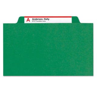 6-Section Pressboard Top Tab Pocket Classification Folders, 6 SafeSHIELD Fasteners, 2 Dividers, Letter Size, Green, 10/Box
