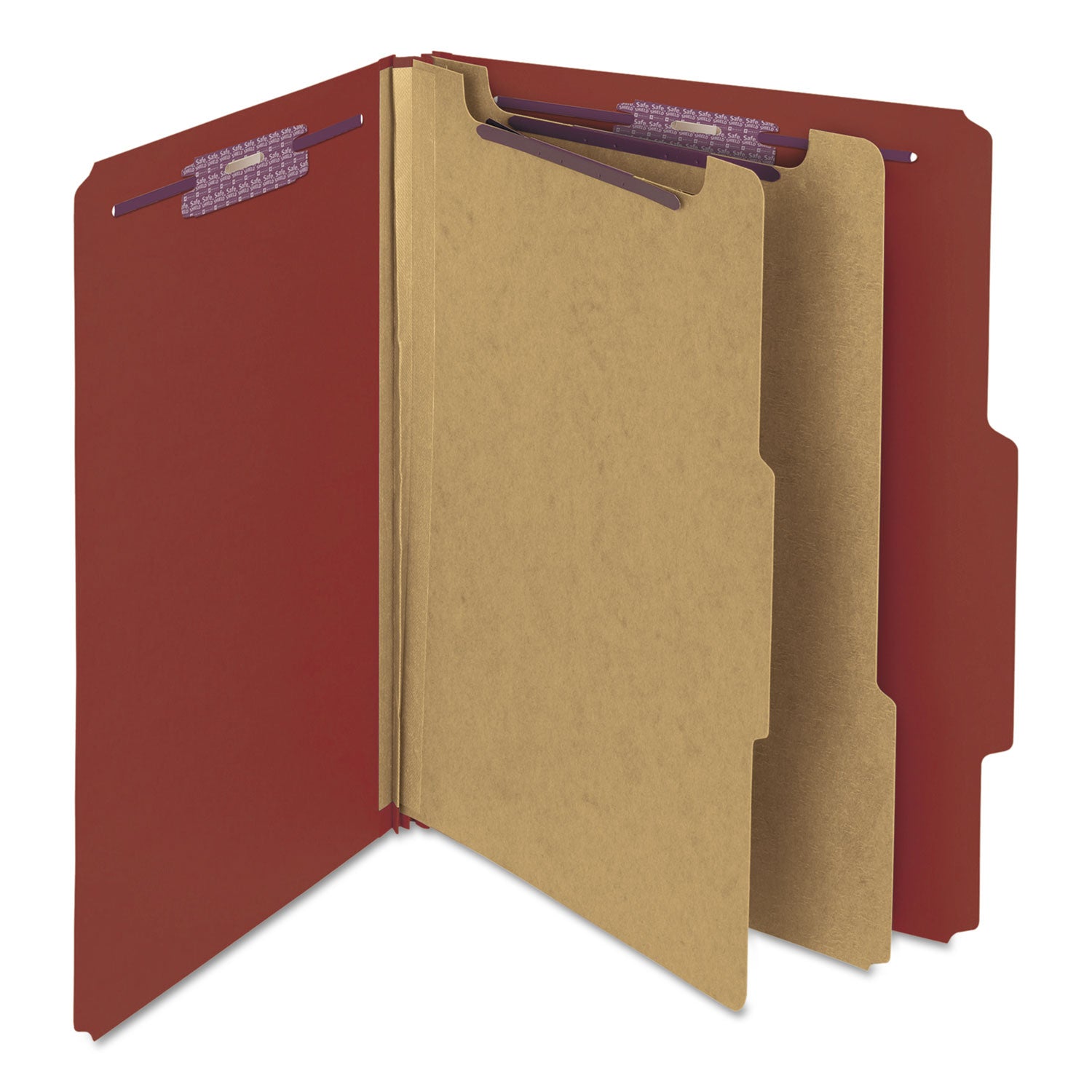 Pressboard Classification Folders, Six SafeSHIELD Fasteners, 2/5-Cut Tabs, 2 Dividers, Letter Size, Red, 10/Box - 