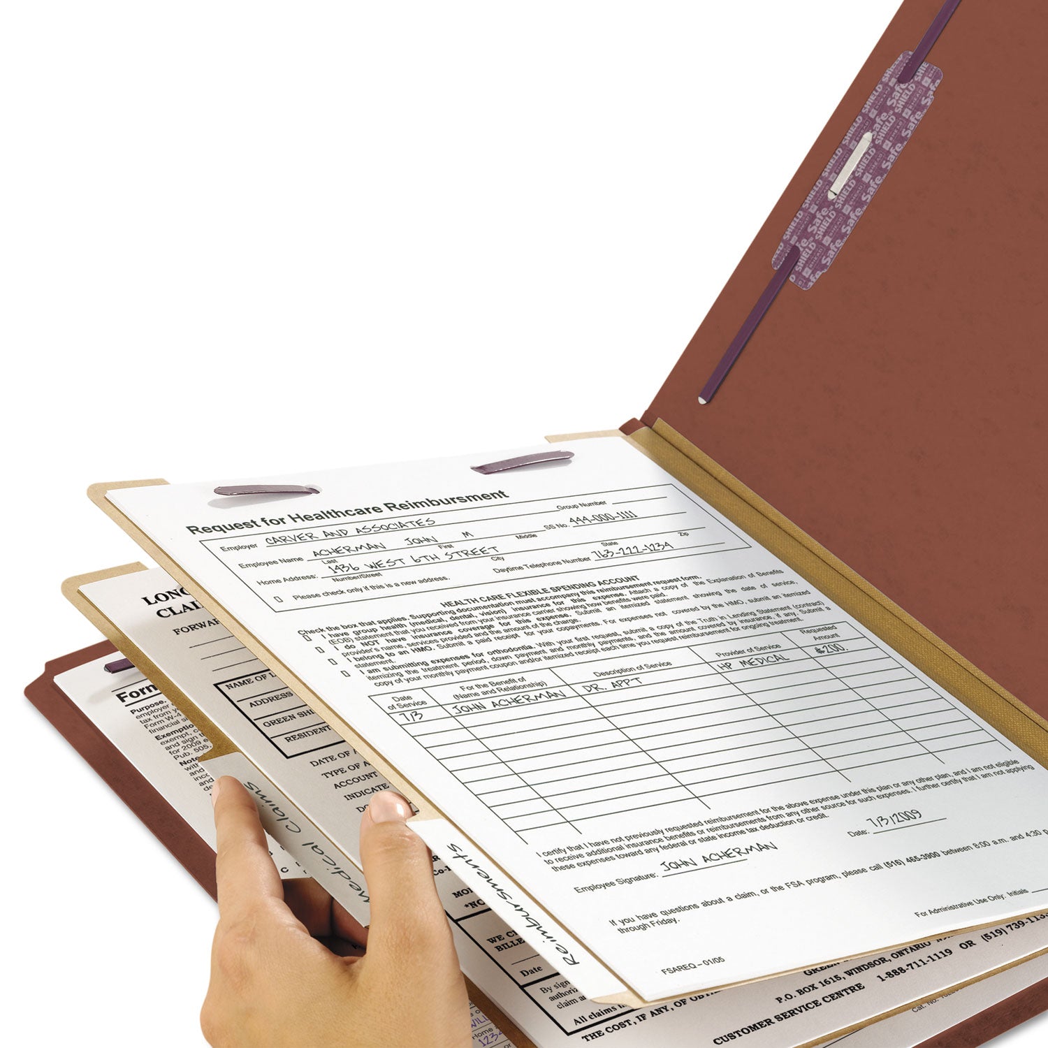 Pressboard Classification Folders, Six SafeSHIELD Fasteners, 2/5-Cut Tabs, 2 Dividers, Letter Size, Red, 10/Box - 