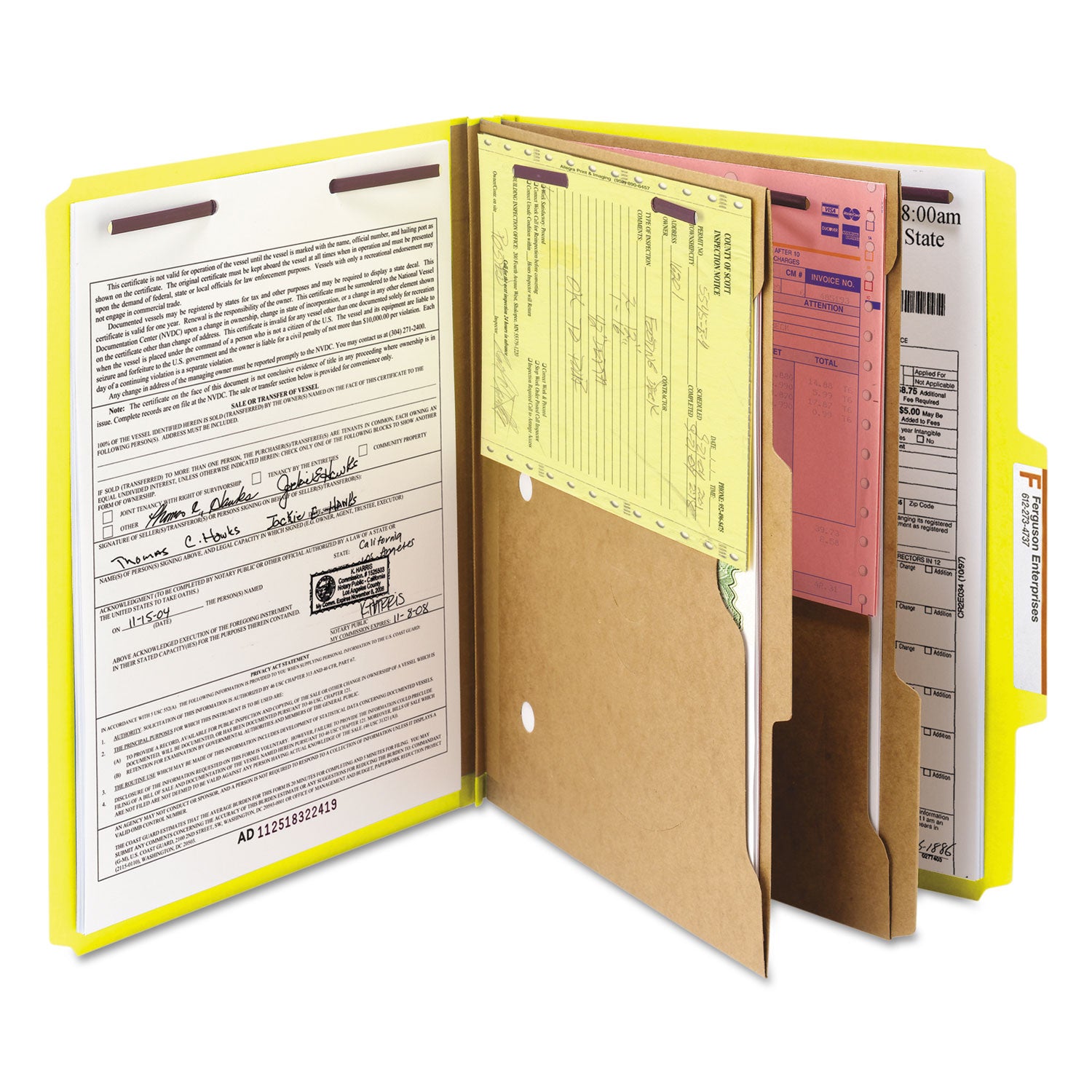 6-Section Pressboard Top Tab Pocket Classification Folders, 6 SafeSHIELD Fasteners, 2 Dividers, Letter Size, Yellow, 10/Box - 