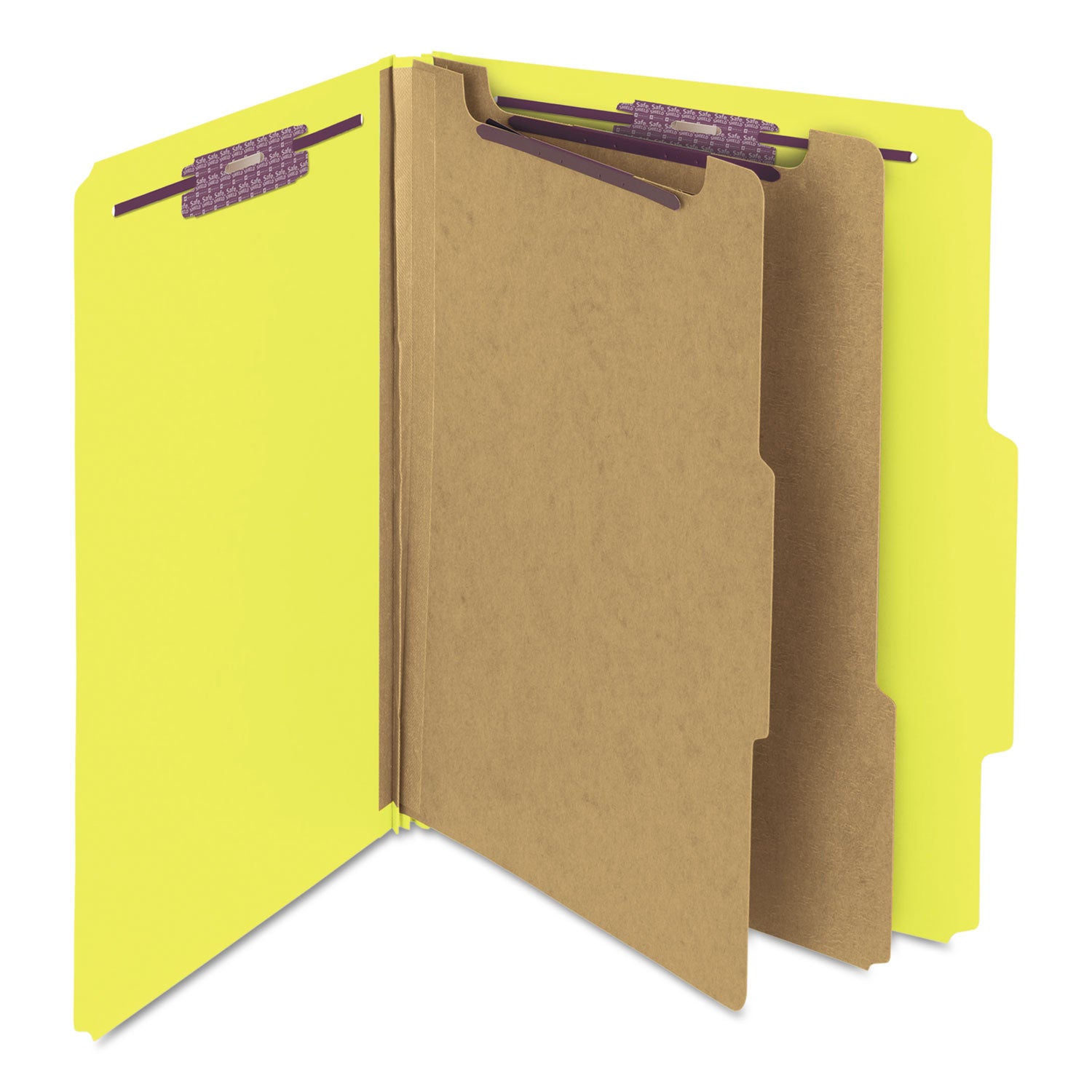 Six-Section Pressboard Top Tab Classification Folders, Six SafeSHIELD Fasteners, 2 Dividers, Letter Size, Yellow, 10/Box - 