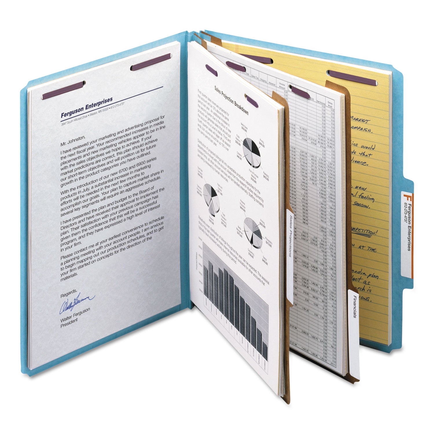 Six-Section Pressboard Top Tab Classification Folders, Six SafeSHIELD Fasteners, 2 Dividers, Letter Size, Blue, 10/Box - 