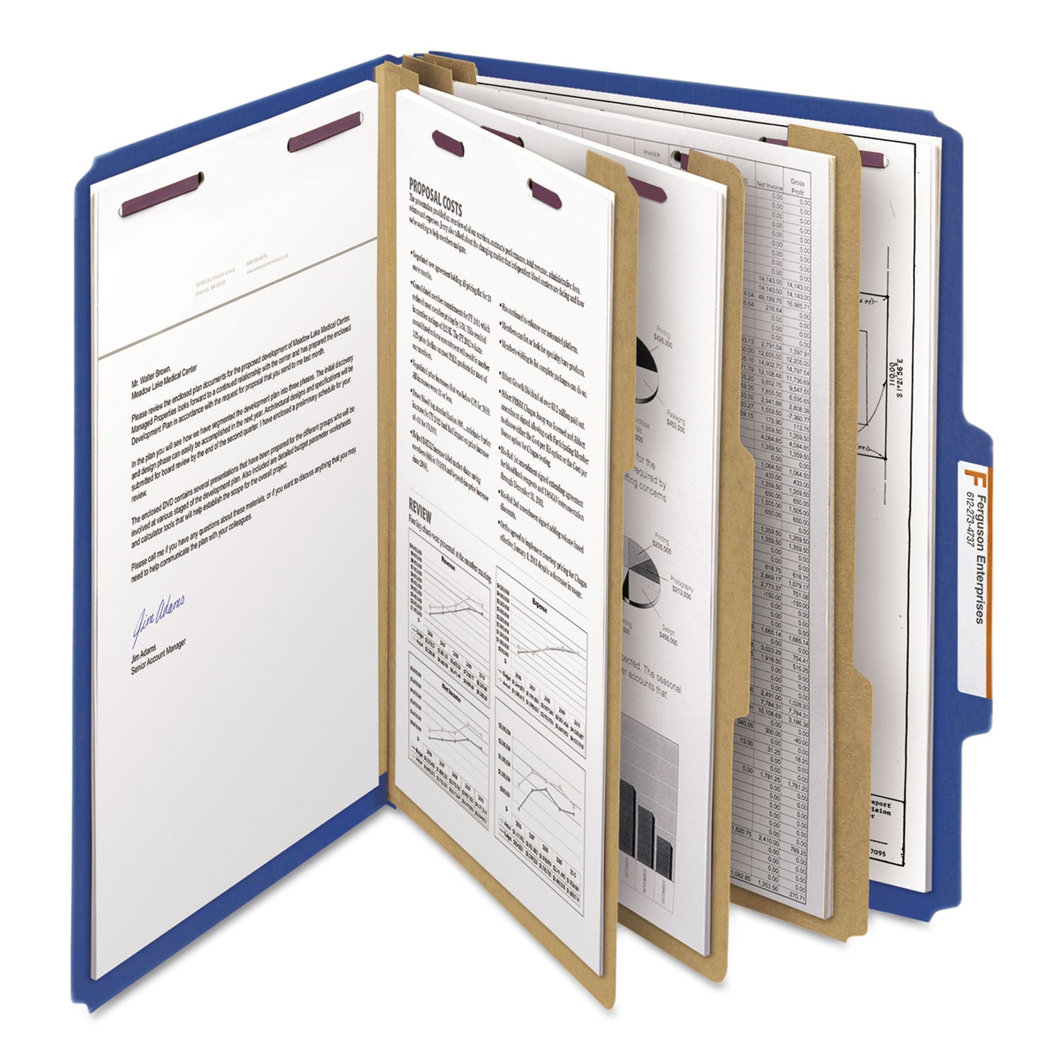 Eight-Section Pressboard Top Tab Classification Folders, 8 SafeSHIELD Fasteners, 3 Dividers, Letter Size, Dark Blue, 10/Box - 