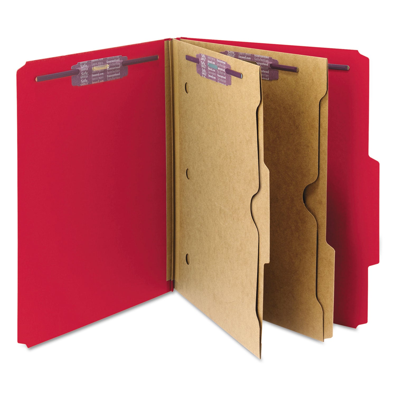 6-Section Pressboard Top Tab Pocket Classification Folders, 6 SafeSHIELD Fasteners, 2 Dividers, Letter Size, Bright Red,10/BX - 