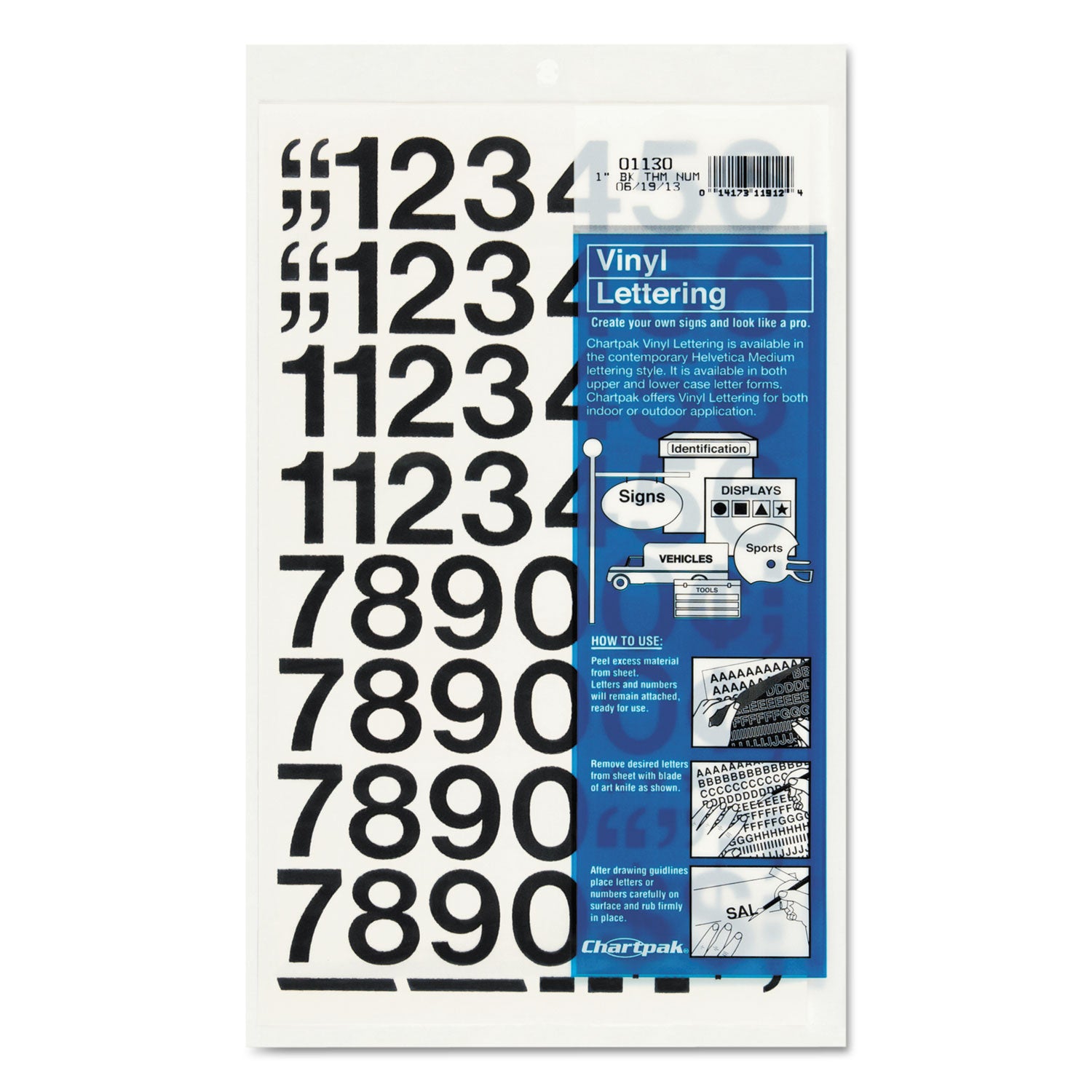 Press-On Vinyl Numbers, Self Adhesive, Black, 1"h, 44/Pack - 