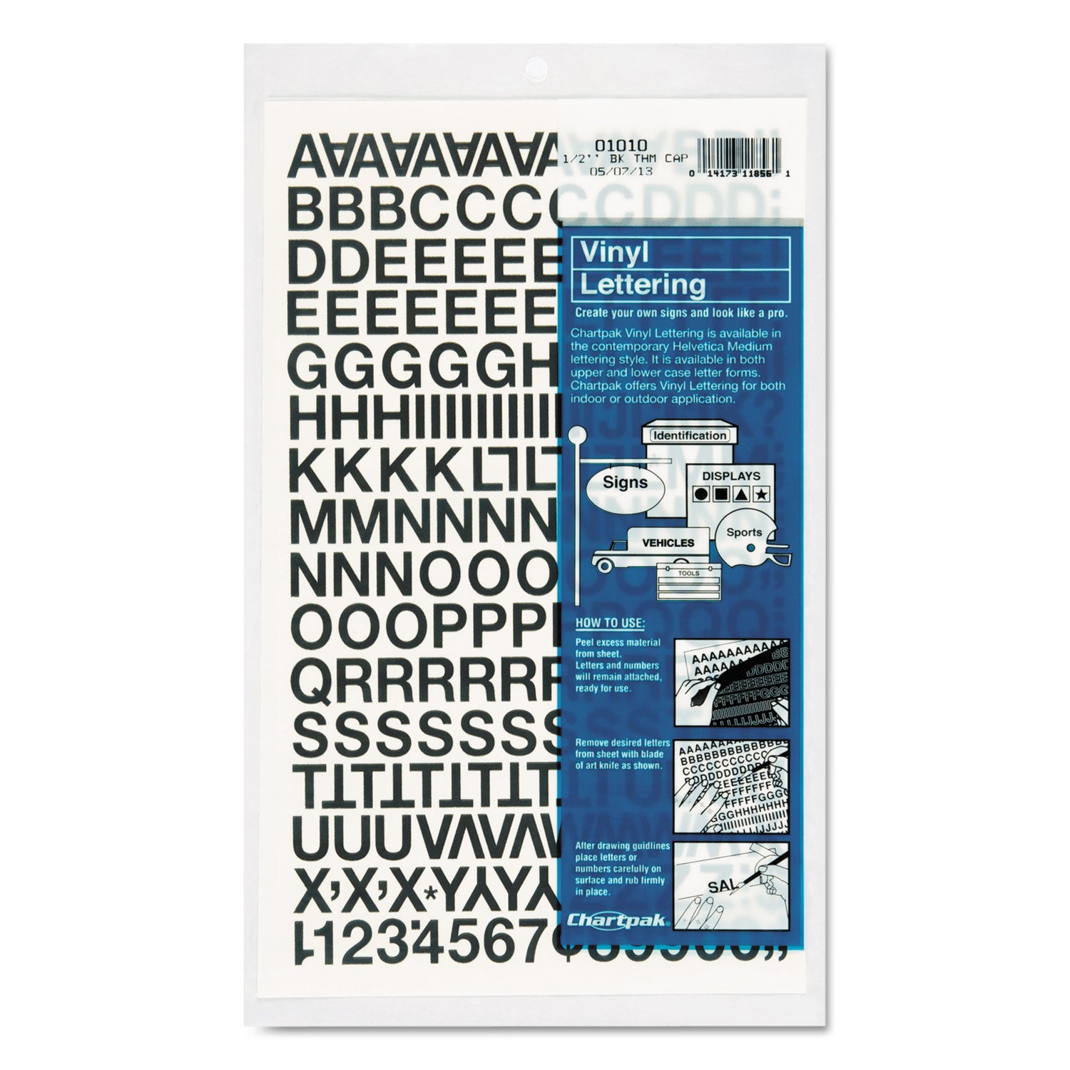 Press-On Vinyl Letters and Numbers, Self Adhesive, Black, 0.5"h, 201/Pack - 
