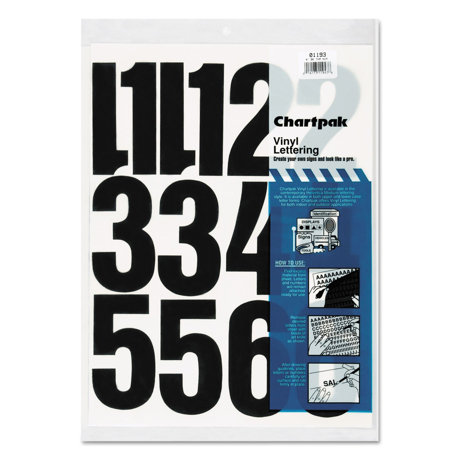 Press-On Vinyl Numbers, Self Adhesive, Black, 4"h, 23/Pack - 