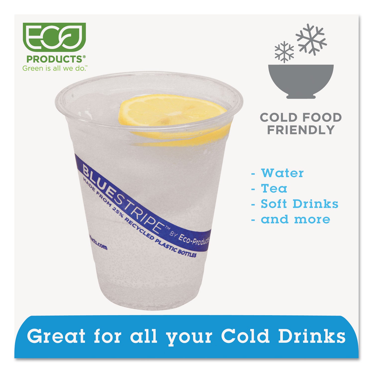 BlueStripe 25% Recycled Content Cold Cups, 12 oz, Clear/Blue, 50/Pack, 20 Packs/Carton - 