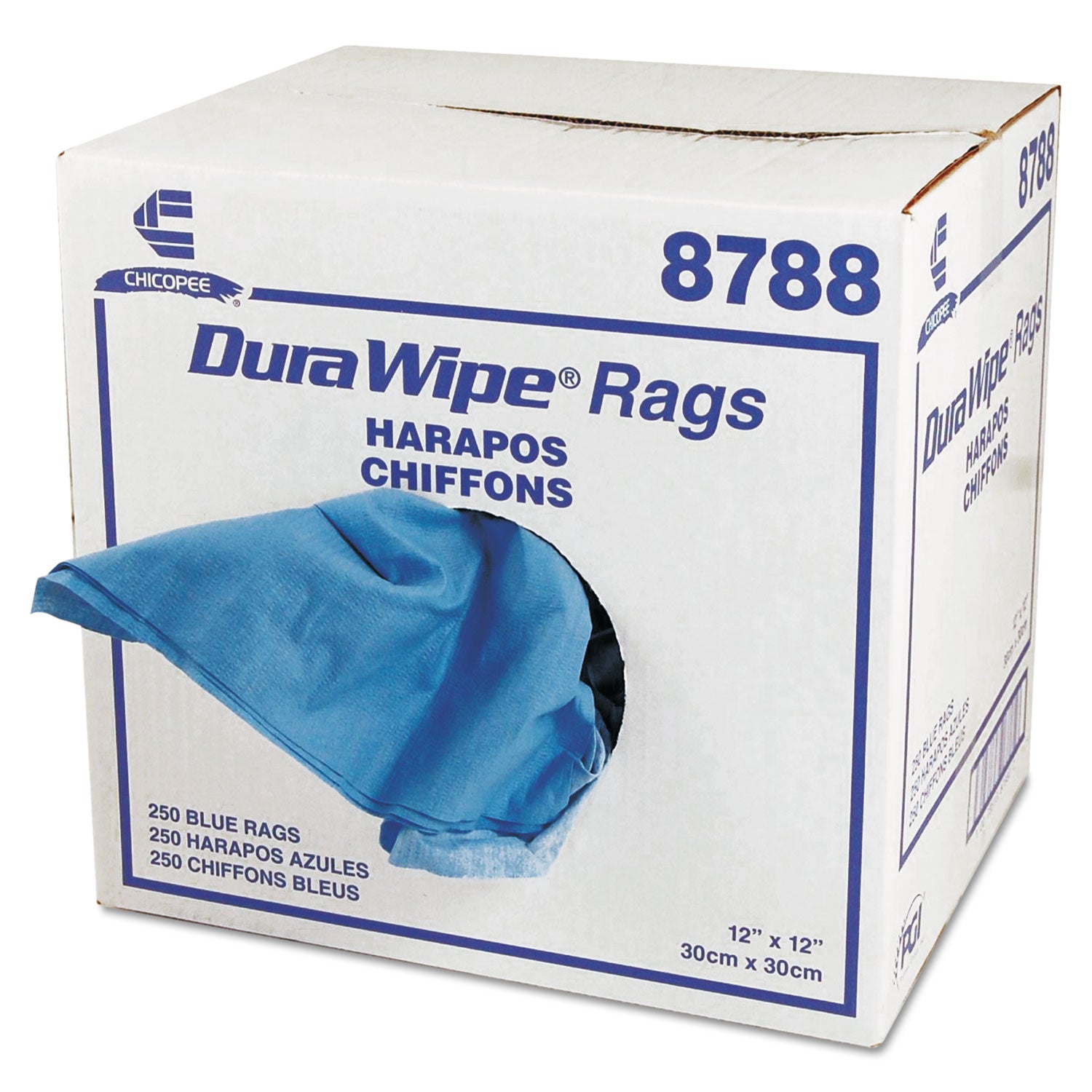 DuraWipe General Purpose Towels, 1-Ply, 12 x 12, Unscented, Blue, 250/Carton - 