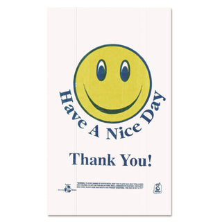 Smiley Face Shopping Bags, 12.5 microns, 11.5" x 21", White, 900/Carton