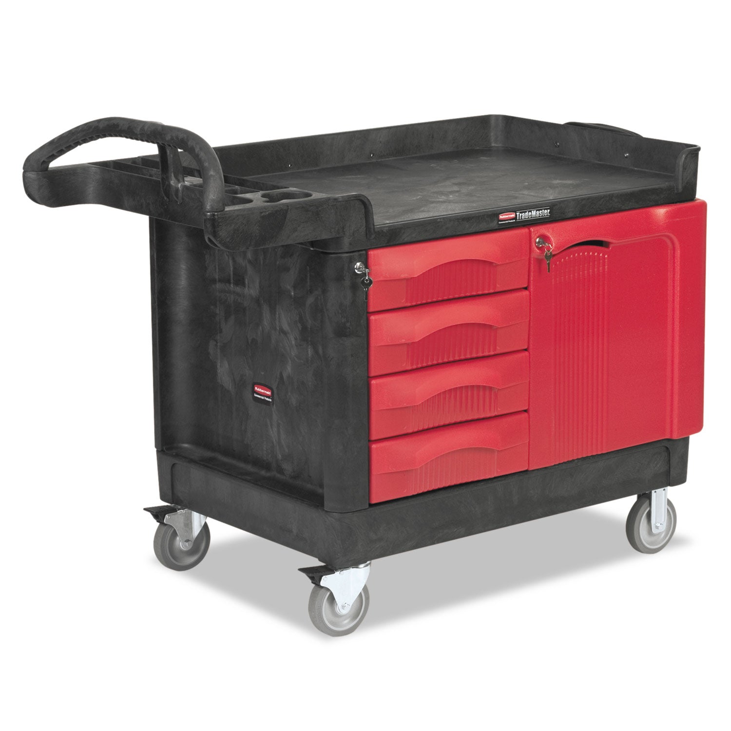 trademaster-cart-with-one-door-plastic-3-shelves-4-drawers-750-lb-capacity-2625-x-49-x-38-black_rcp453388bla - 1