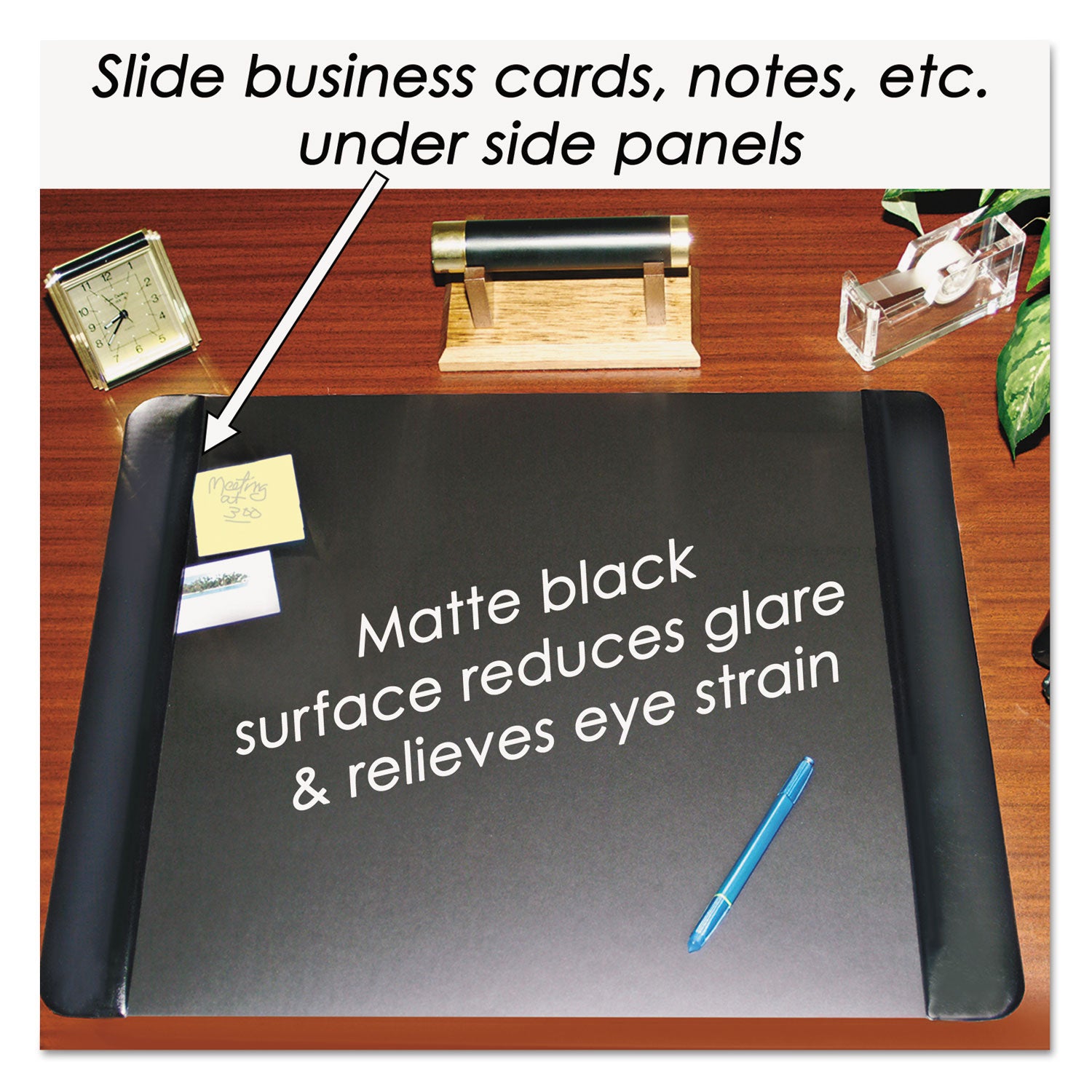 Executive Desk Pad with Antimicrobial Protection, Leather-Like Side Panels, 36 x 20, Black - 