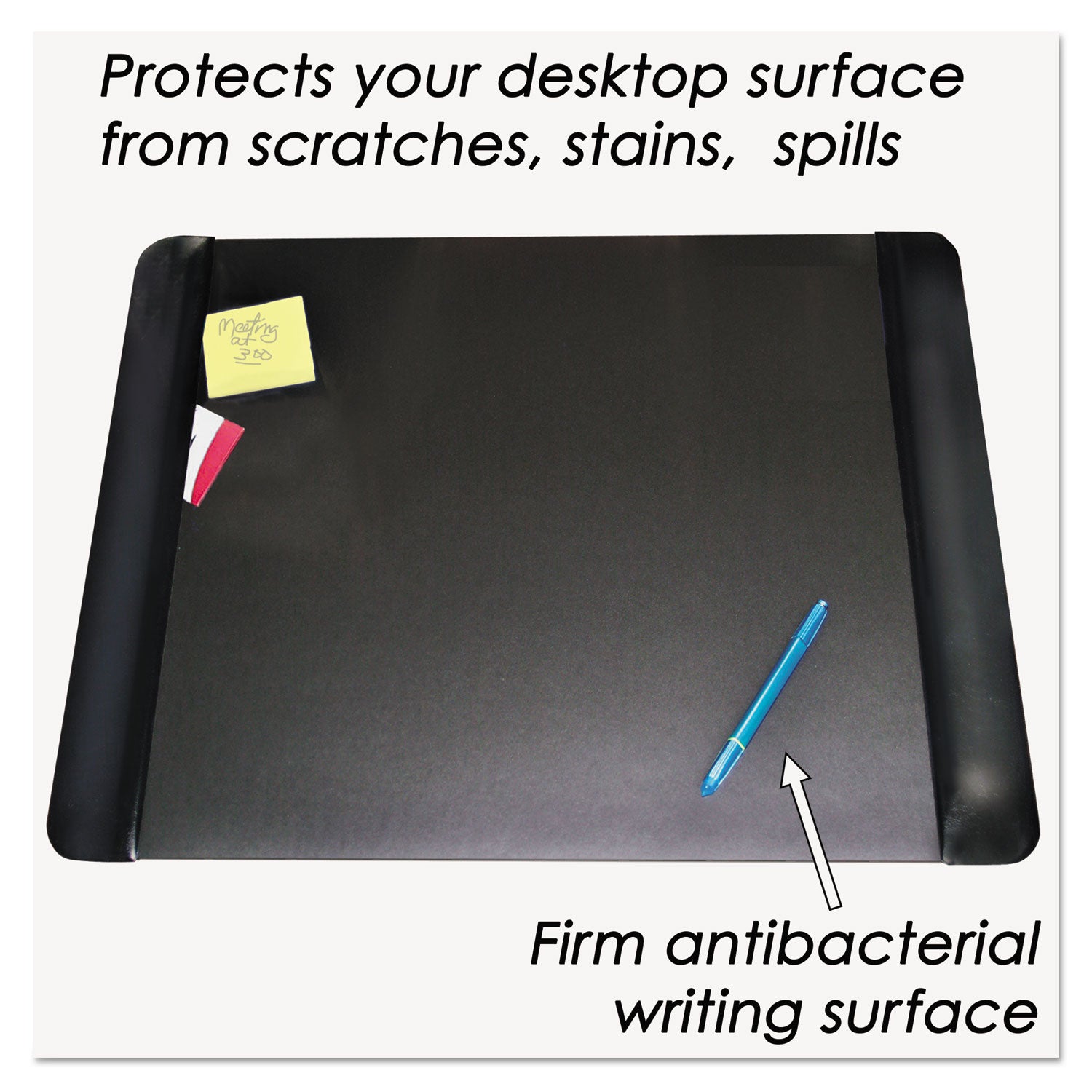 Executive Desk Pad with Antimicrobial Protection, Leather-Like Side Panels, 24 x 19, Black - 