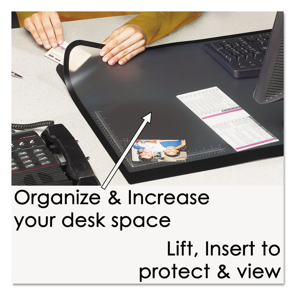 Desk Pad with Transparent Lift-Top Overlay and Antimicrobial Protection, 31" x 20", Black Pad, Transparent Frost Overlay