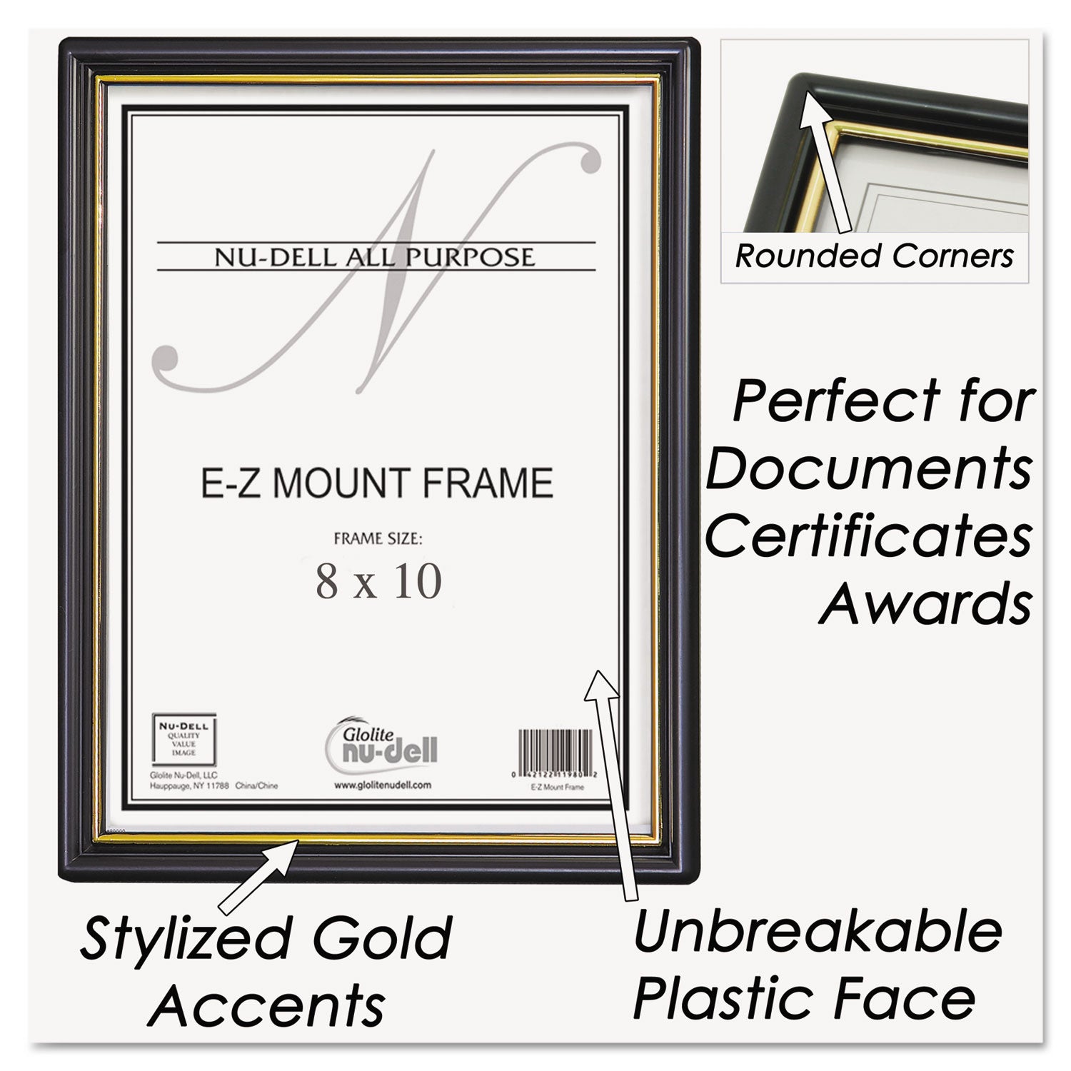 EZ Mount Document Frame with Trim Accent and Plastic Face, Plastic, 8 x 10, Black/Gold - 