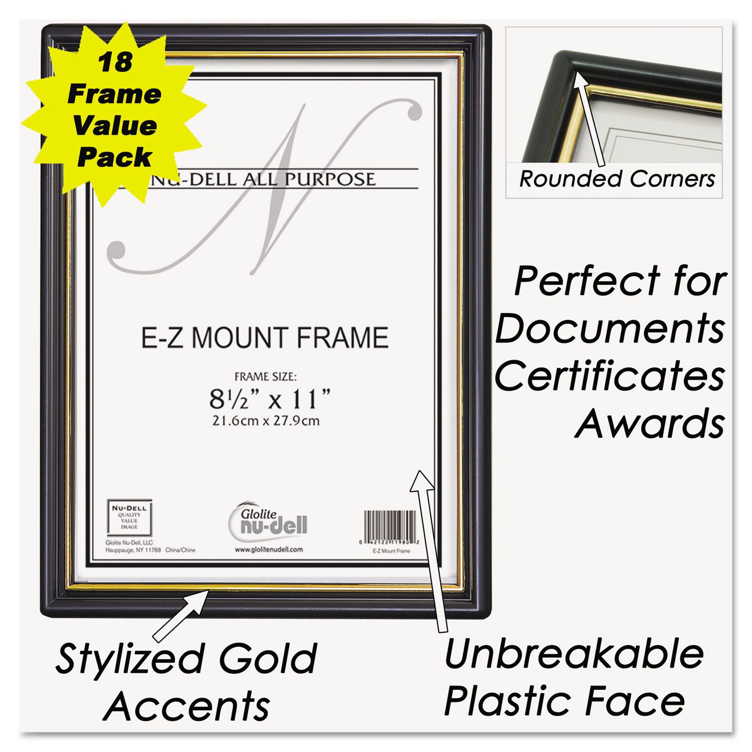 EZ Mount Document Frame with Trim Accent and Plastic Face, Plastic, 8.5 x 11 Insert, Black/Gold, 18/Carton - 