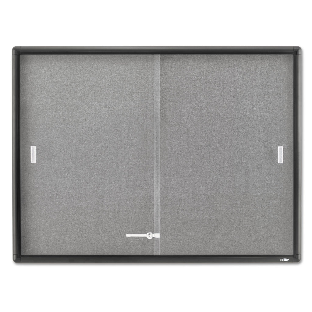 Enclosed Indoor Cork and Gray Fabric Bulletin Board with Two Sliding Glass Doors, 48 x 36, Graphite Gray Aluminum Frame - 