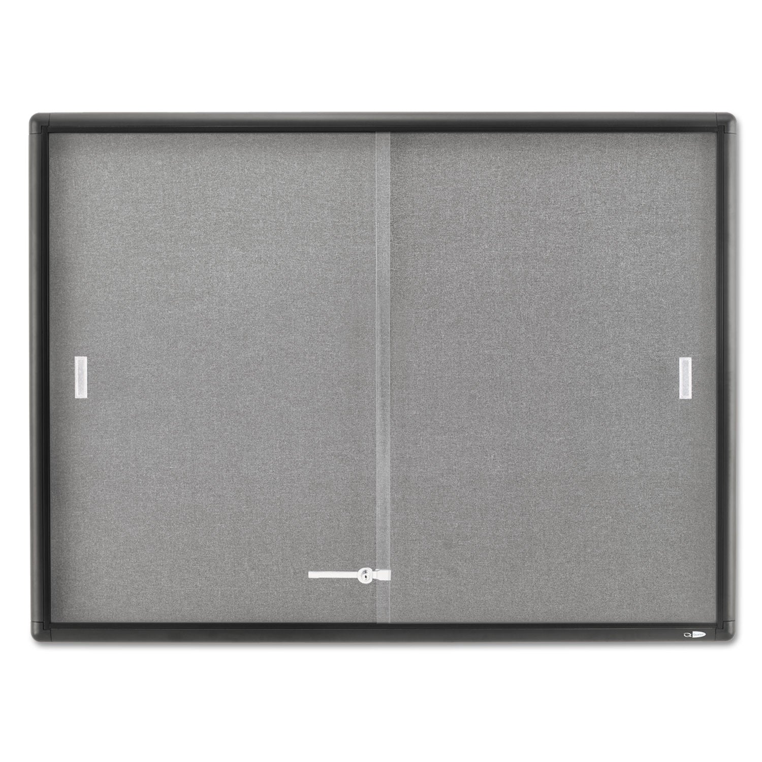 Enclosed Indoor Cork and Gray Fabric Bulletin Board with Two Sliding Glass Doors, 48 x 36, Graphite Gray Aluminum Frame - 