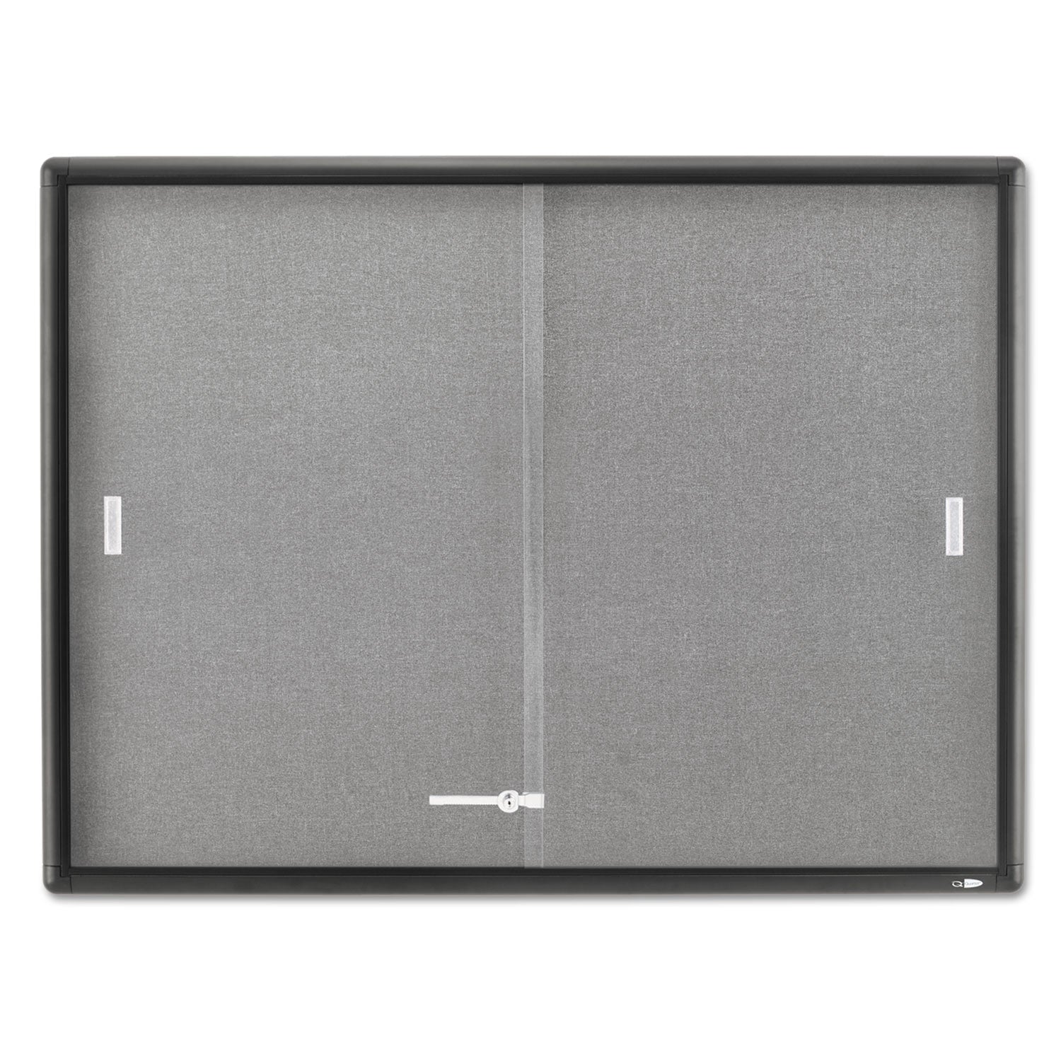 Enclosed Indoor Cork and Gray Fabric Bulletin Board with Two Sliding Glass Doors, 48 x 36, Graphite Gray Aluminum Frame - 