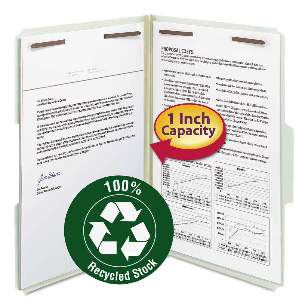 Recycled Pressboard Fastener Folders, 1" Expansion, 2 Fasteners, Legal Size, Gray-Green Exterior, 25/Box - 