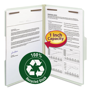Recycled Pressboard Fastener Folders, 1" Expansion, 2 Fasteners, Legal Size, Gray-Green Exterior, 25/Box - 