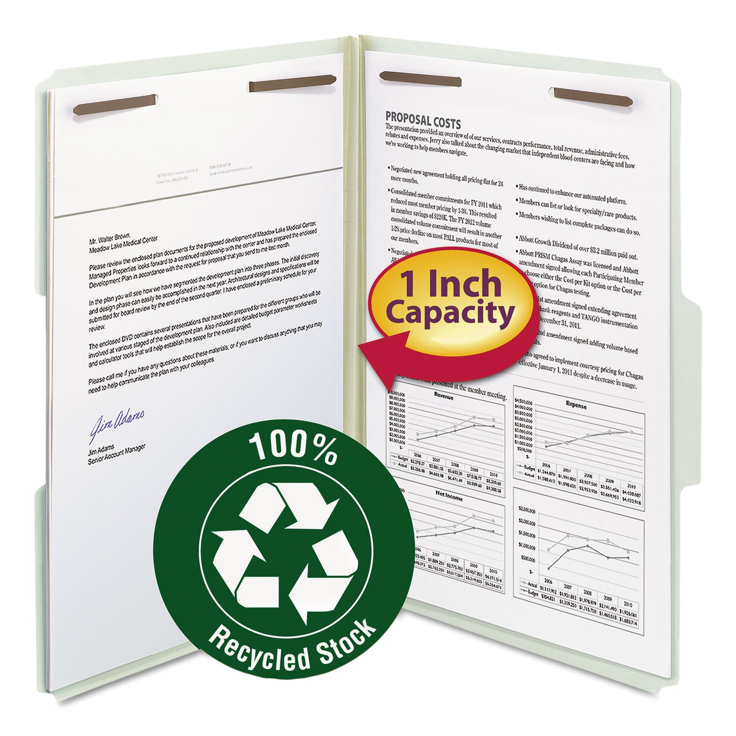 Recycled Pressboard Fastener Folders, 1" Expansion, 2 Fasteners, Legal Size, Gray-Green Exterior, 25/Box - 