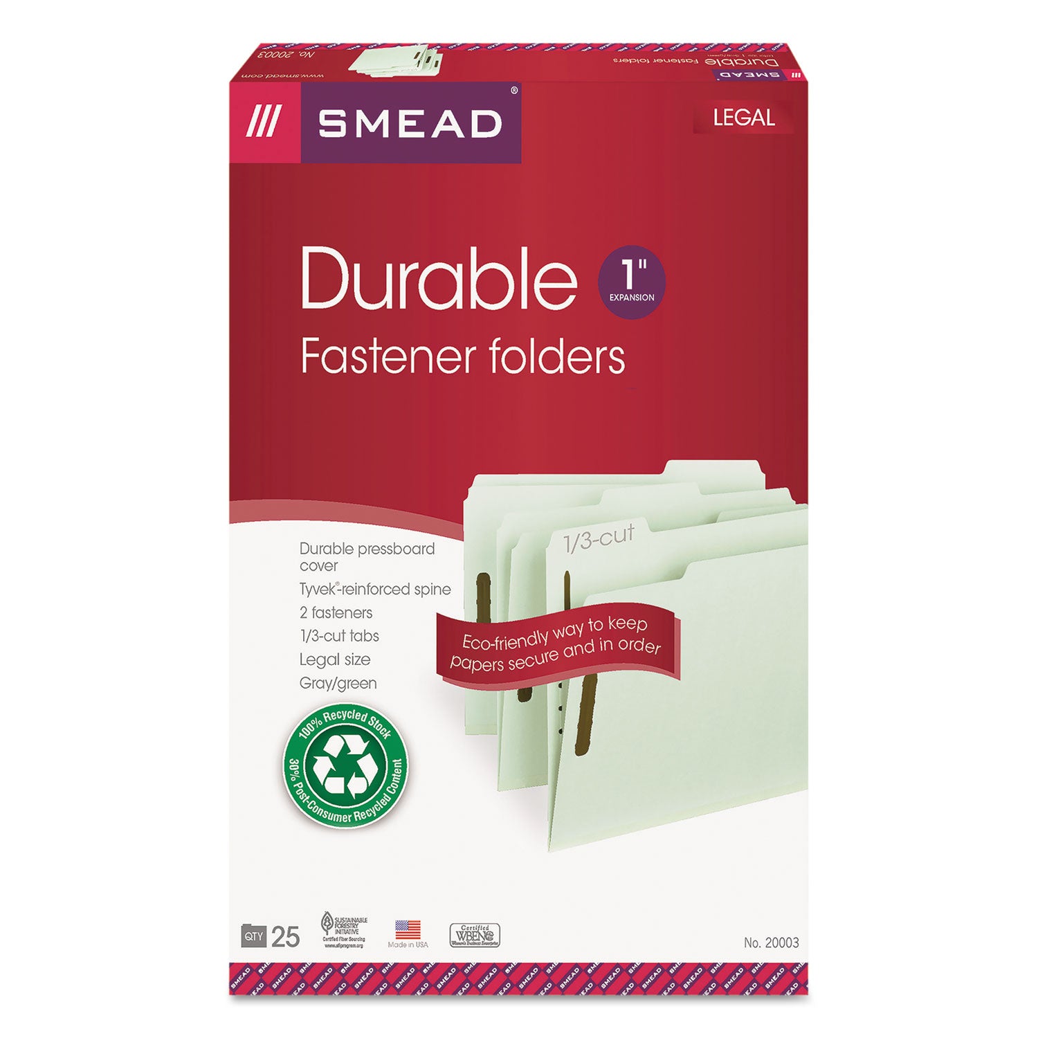 Recycled Pressboard Fastener Folders, 1" Expansion, 2 Fasteners, Legal Size, Gray-Green Exterior, 25/Box - 