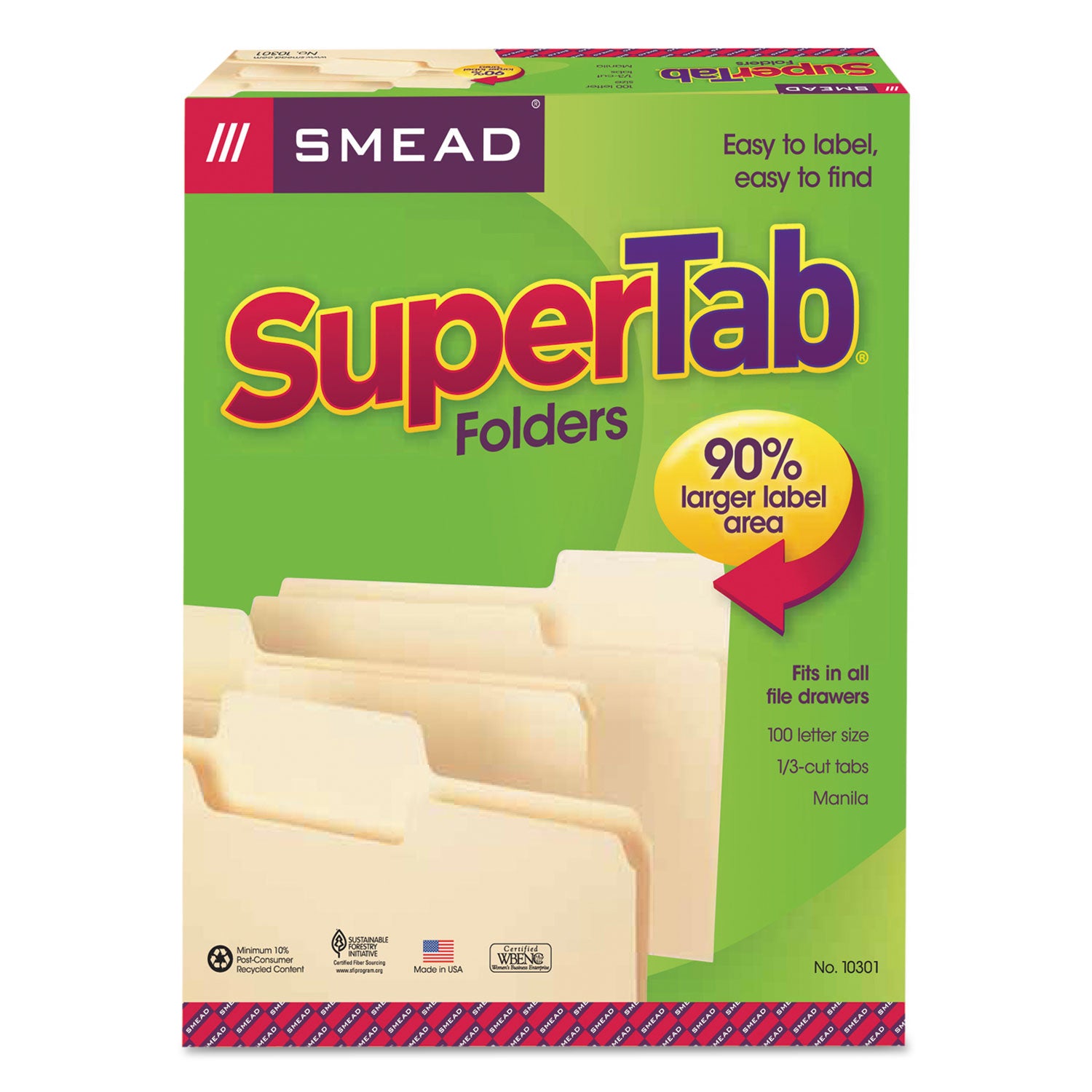 SuperTab Top Tab File Folders, 1/3-Cut Tabs: Assorted, Letter Size, 0.75" Expansion, 11-pt Manila, 100/Box - 