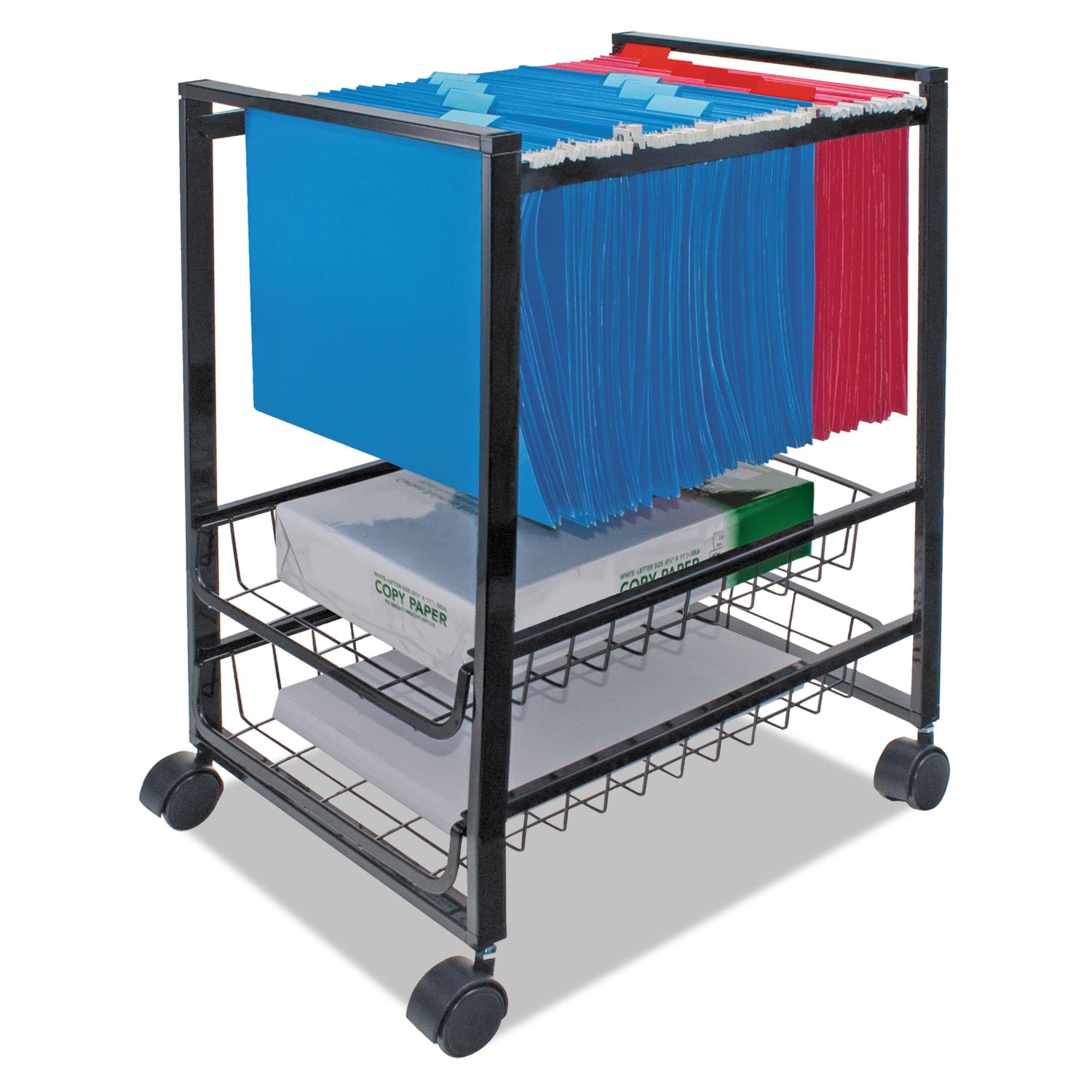 Mobile File Cart with Sliding Baskets, Metal, 2 Drawers, 1 Bin, 12.88" x 15" x 21.13", Black - 