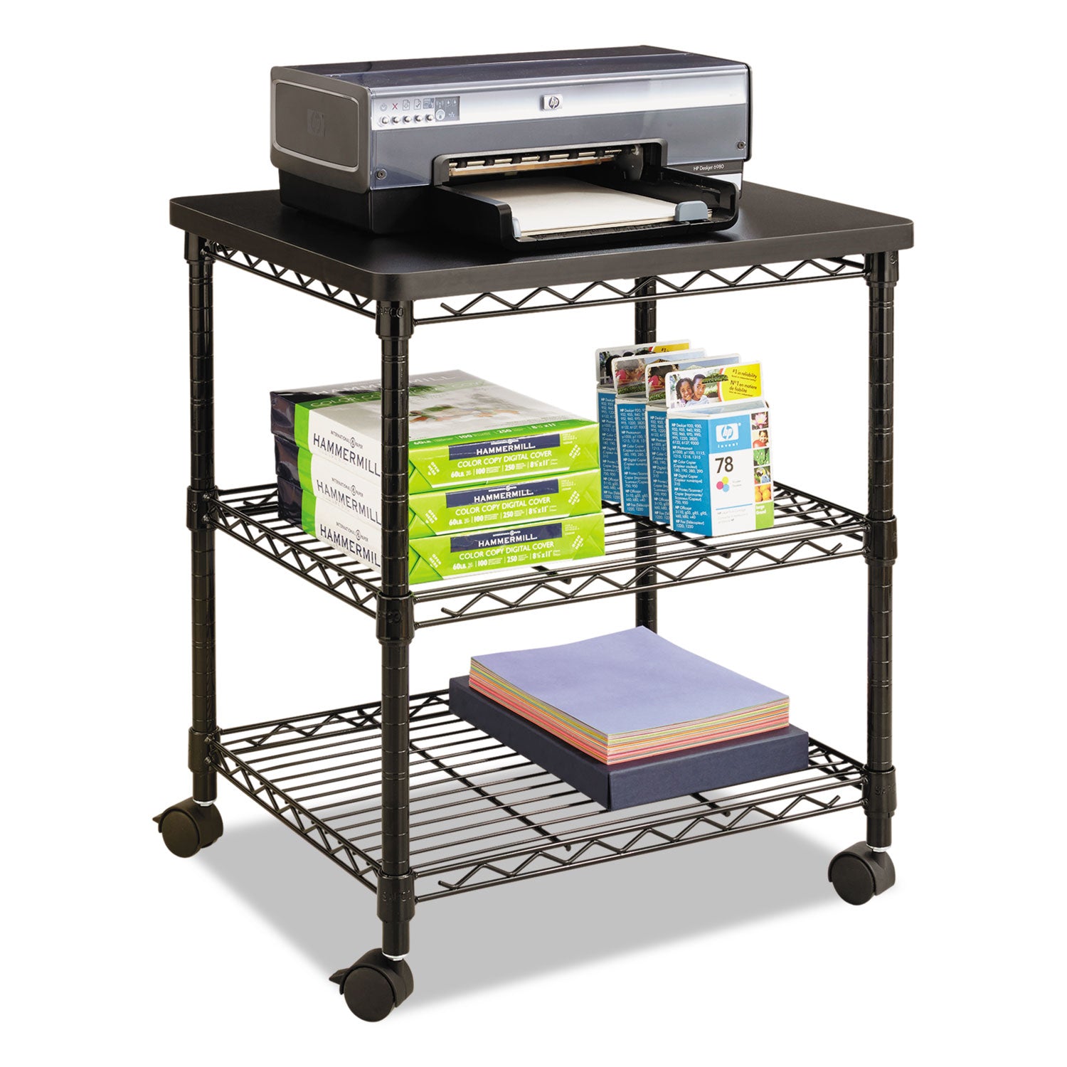 Desk Side Wire Machine Stand, Metal, 3 Shelves, 200 lb Capacity, 24" x 20" x 27", Black - 