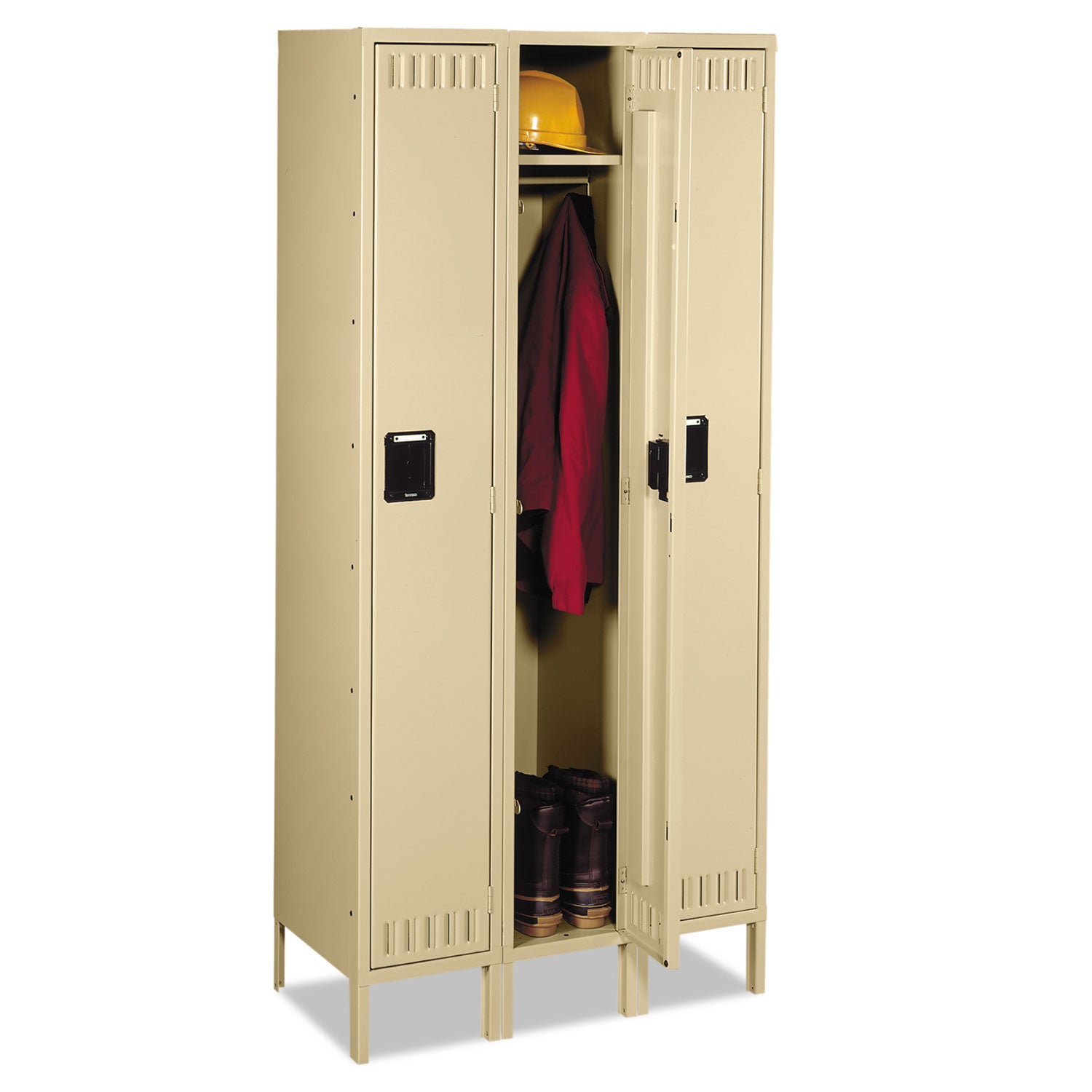 Single-Tier Locker with Legs, Three Lockers with Hat Shelves and Coat Rods, 36w x 18d x 78h, Sand - 