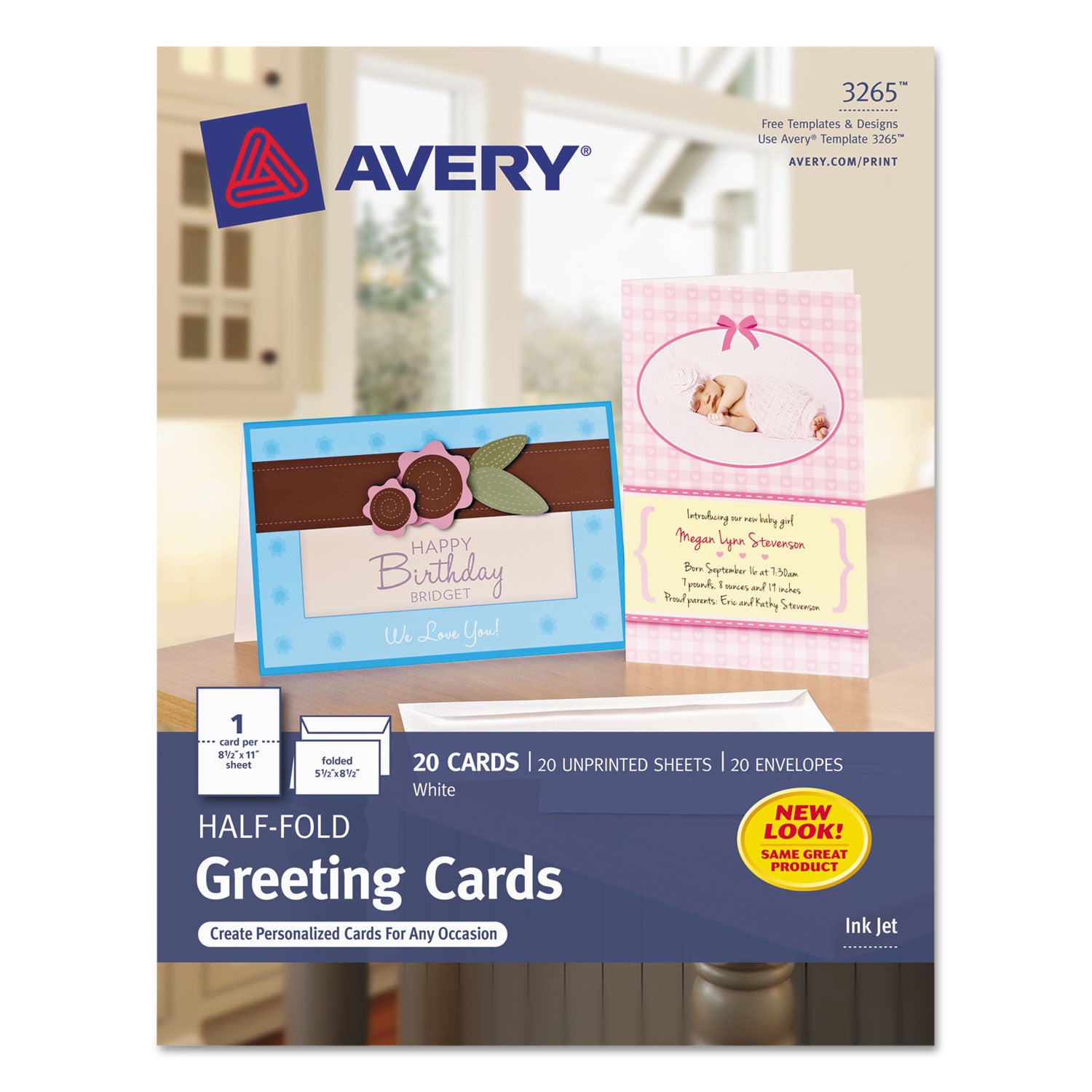 Half-Fold Greeting Cards with Matching Envelopes, Inkjet, 85 lb, 5.5 x 8.5, Matte White, 1 Card/Sheet, 20 Sheets/Box - 