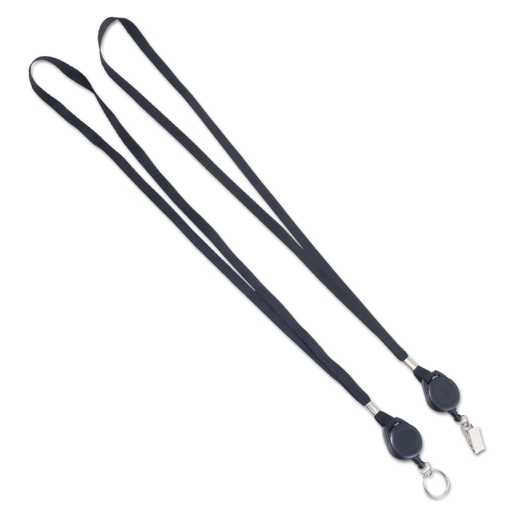 Lanyards with Retractable ID Reels, Metal Split Ring Fastener, 34" Long, Black, 12/Pack